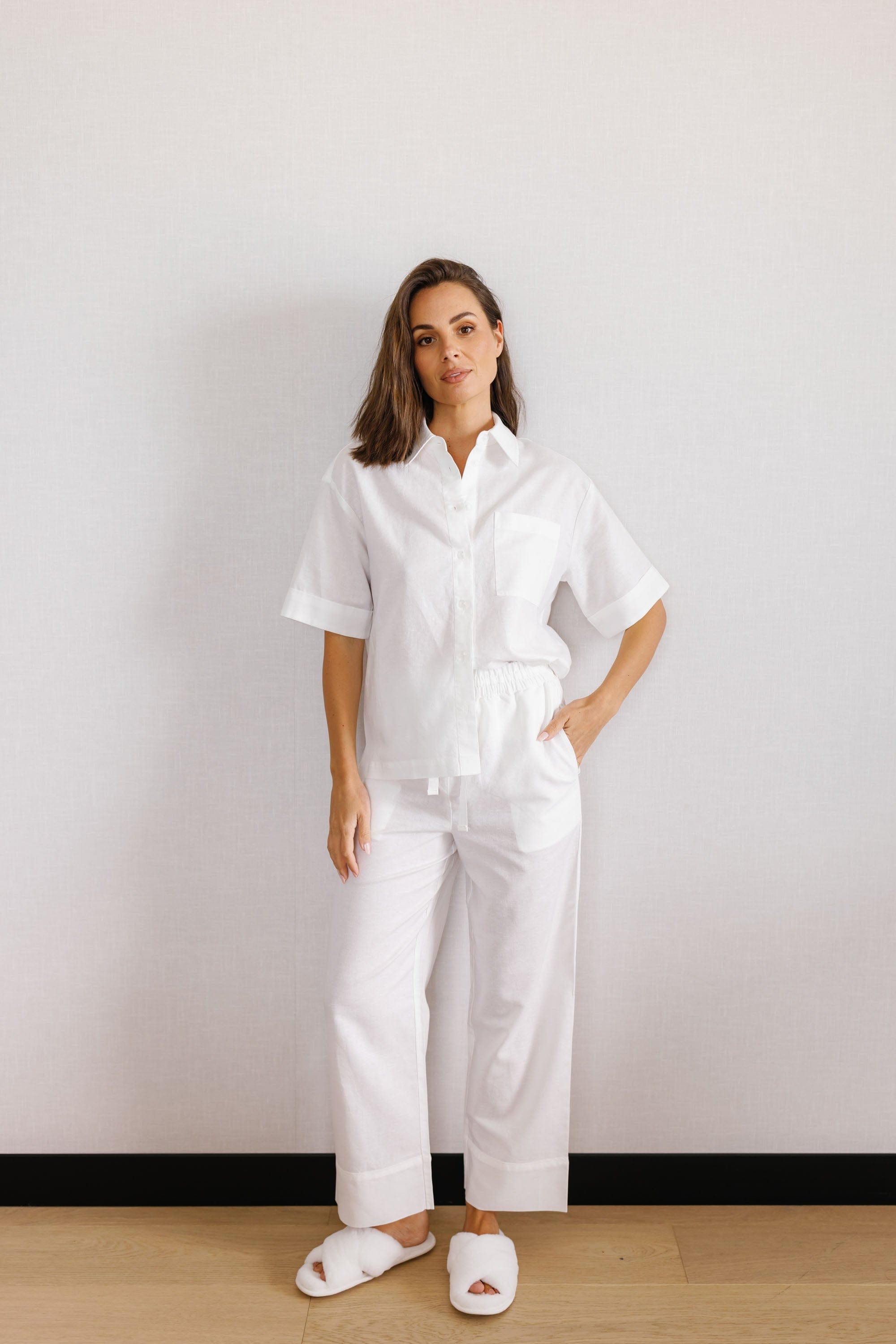 Portia Linen Bridal Pajamas Set - Long Sleeve White Loungewear for Wedding Night, Honeymoon & Bridal Shower - Soft Breathable Sleepwear for Bride