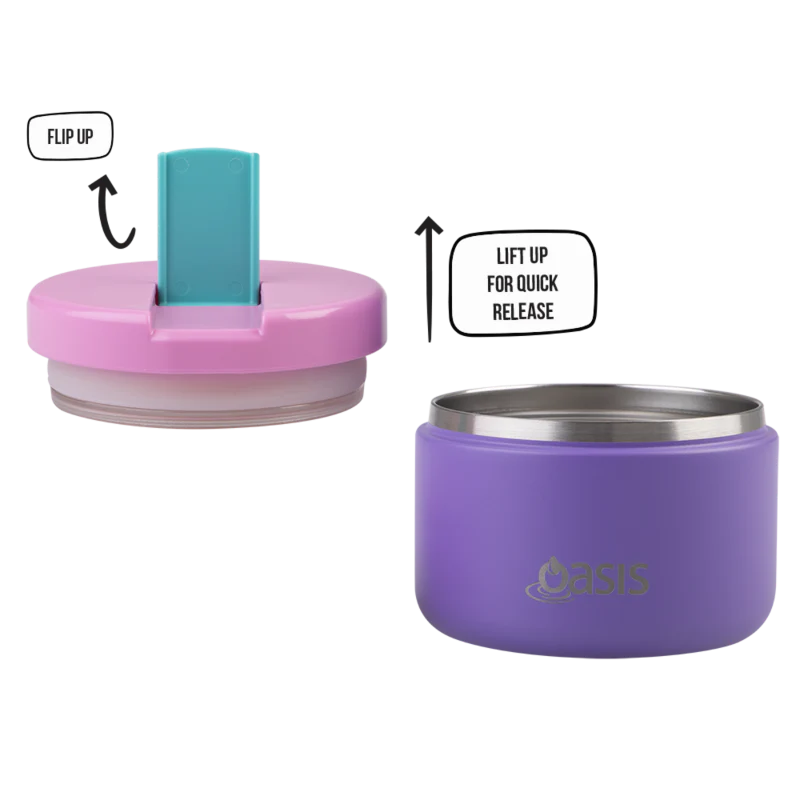Oasis 300ml Insulated Stainless Steel Food Flask with Quick Release Lid - Mermaid Purple - Perfect for Lunch, Travel, and Outdoor Activities
