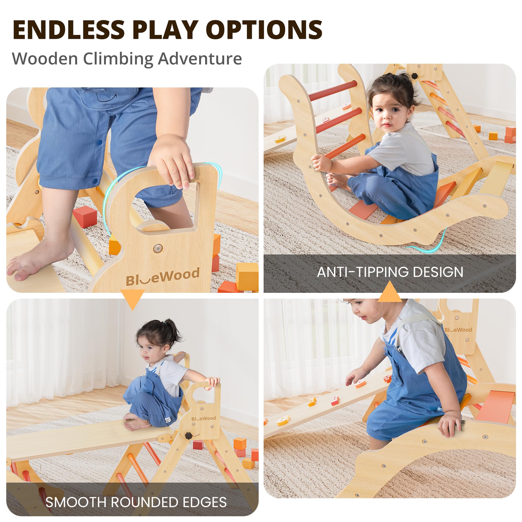 BlueWood Pikler Triangle Set - 7-in-1 Foldable Wooden Climbing Gym for Toddlers | Montessori-Inspired Indoor Play Equipment with Arch, Ramp & Ladder | Perfect for Home Playrooms, Daycares & Montessori Classrooms (Farm Charm Autumn Design)