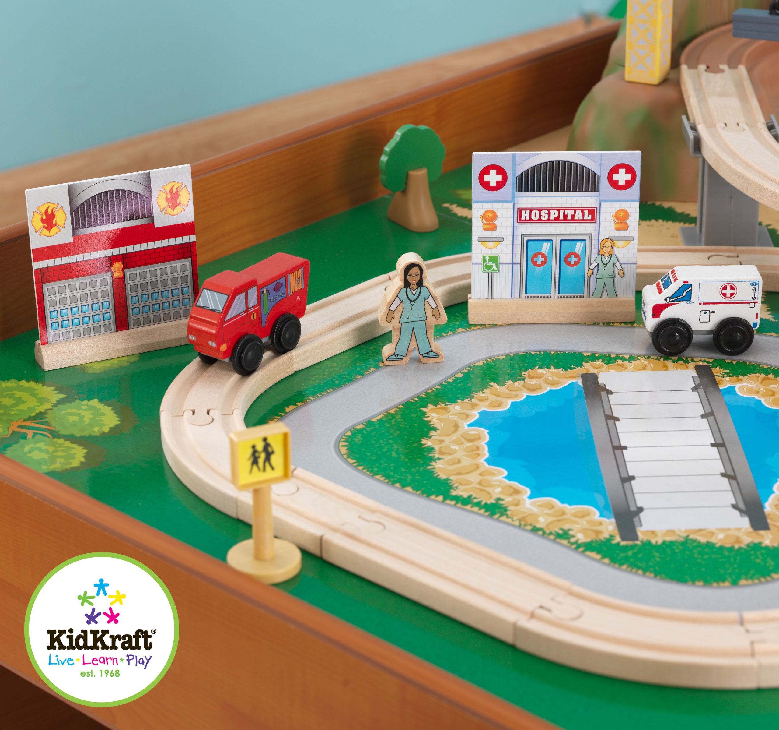 KidKraft Ride Around Town Wooden Train Set with Table - 100-Piece Playset Includes Helicopter, Airplane & Farm Accessories - Storage Bins & Major Brand Compatibility - Perfect for Preschool Playrooms & Toddler Birthday Gifts (Honey Finish)