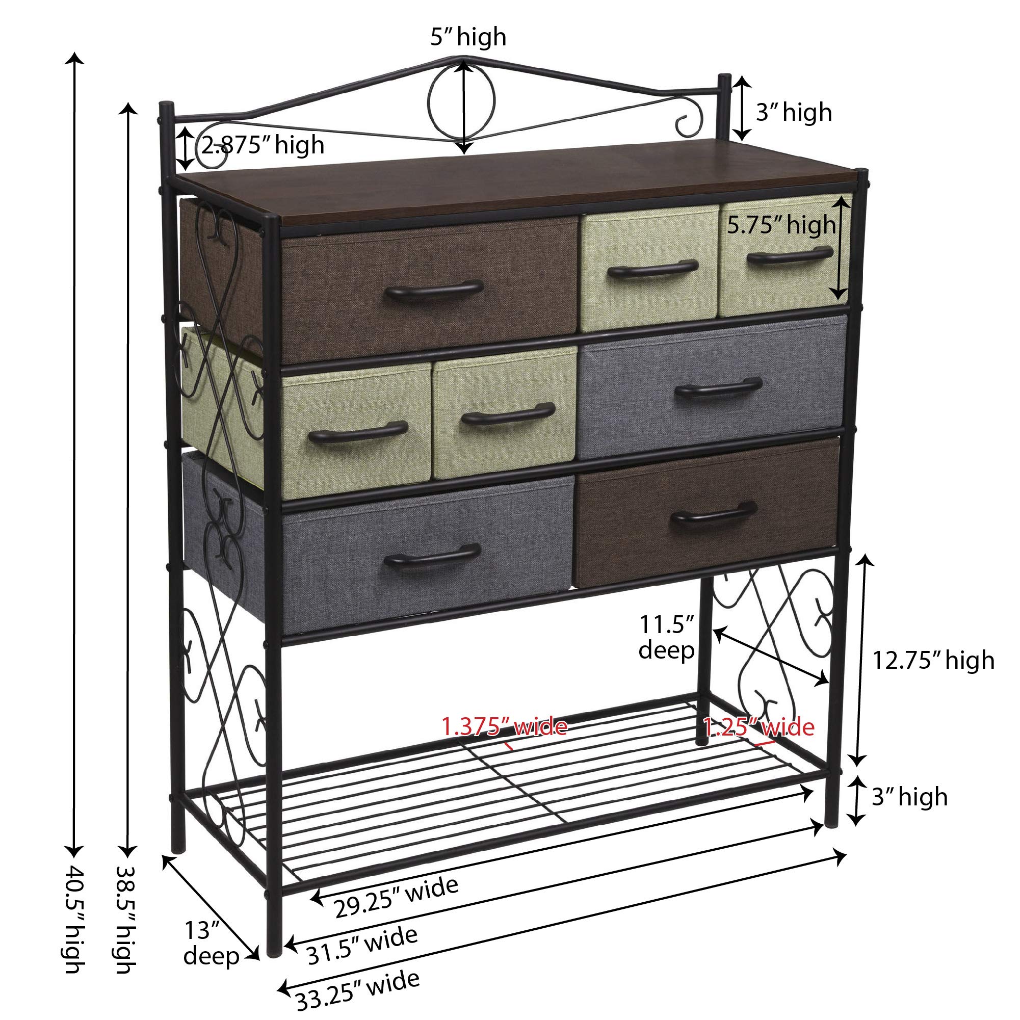 Victoria Dresser Table Storage Organizer with 8 Multi-Color Drawers & Shoe Shelf - Black Metal Frame & Walnut Wood Grain Top - Perfect for Bedroom, Closet & Entryway Organization