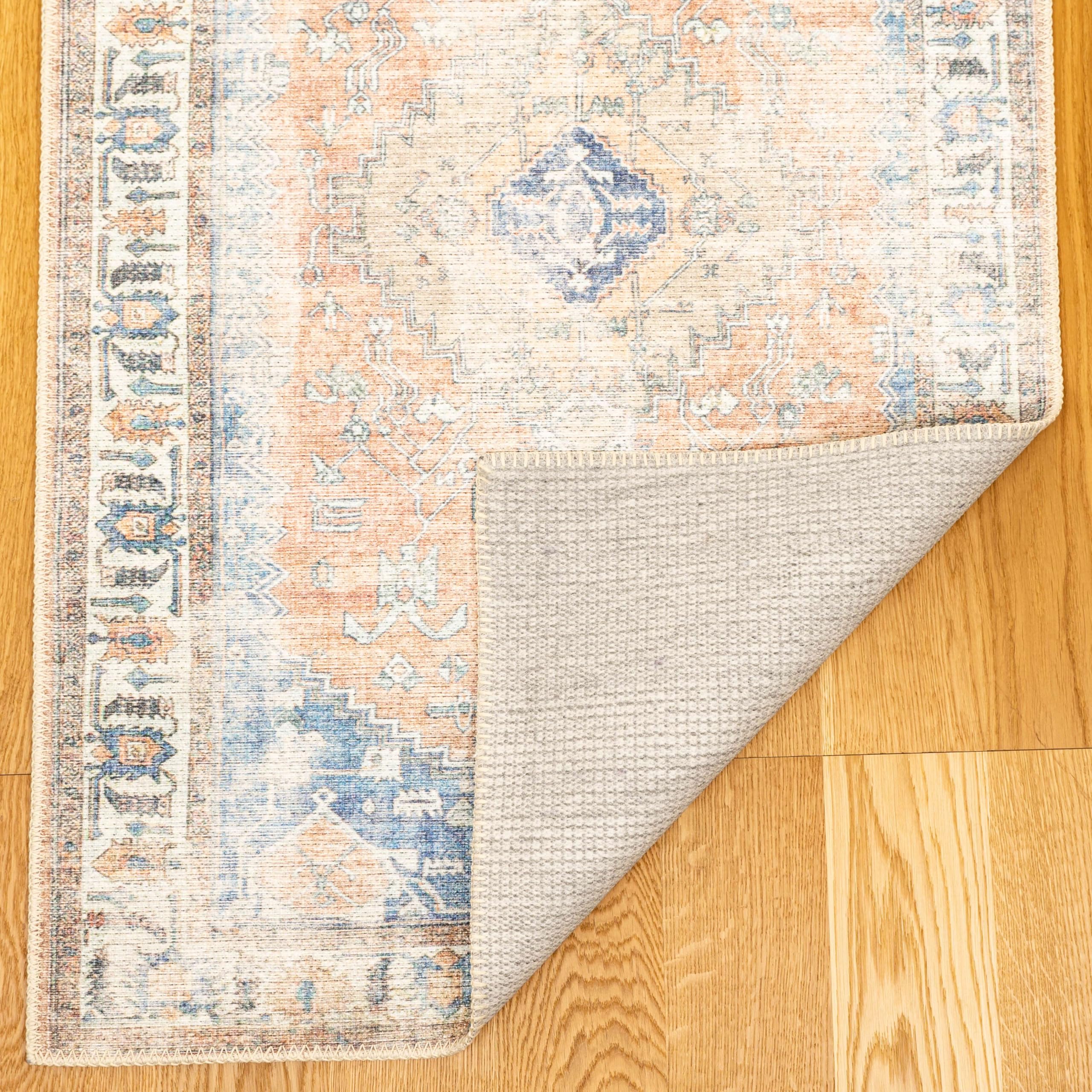 Softwoven 5x8 Washable Cotton Rug - Non-Slip, Stain Resistant & Pet Friendly Vintage Area Rug for Living Room, Hallway, Bedroom - Machine Washable, Non-Shed & Family Safe in Blue & Light Brown