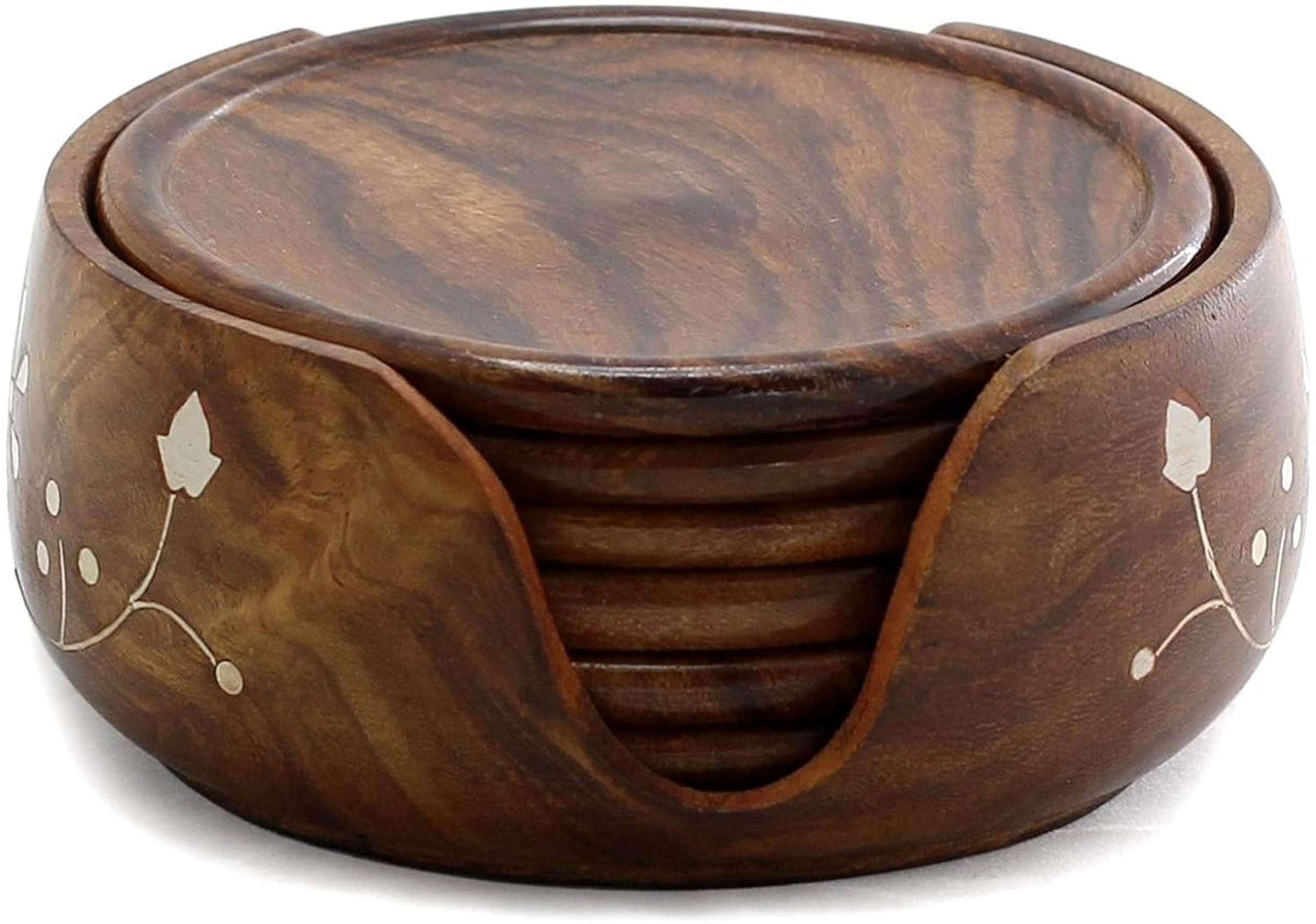 KRAFTEE Handmade Lotus Design Wood Coasters Set - 6 Piece Decorative Round Holders for Drinks, Perfect Gift for Home Decor, Dining Table & Coffee Table Accessories