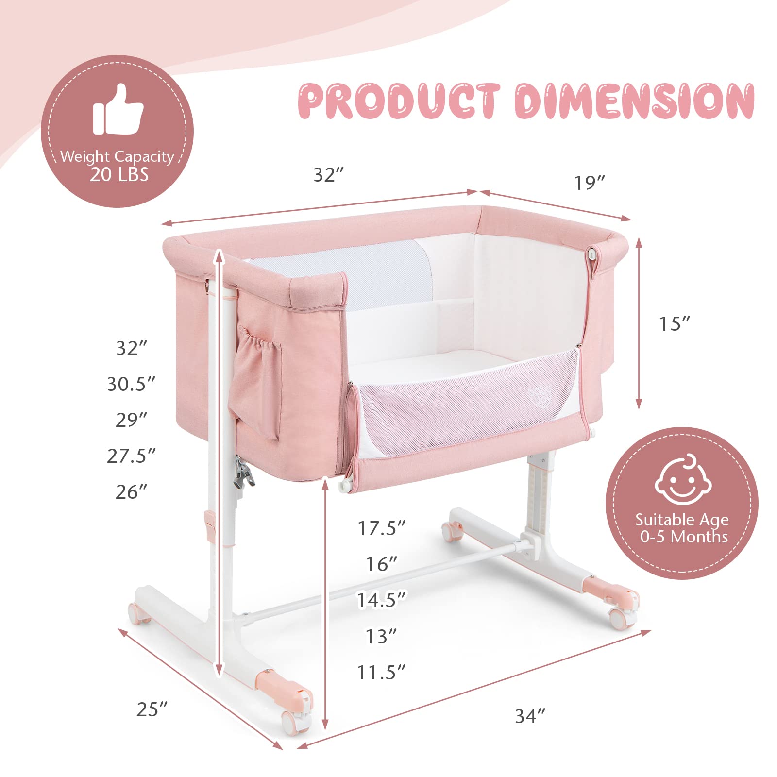 BABY JOY 3-in-1 Adjustable Height Folding Baby Bassinet Bedside Sleeper with Mattress, Lockable Wheels, Storage Pocket & Carry Bag - Portable Crib for Newborn Infants - Nursery, Bedroom & Travel Use (Pink)