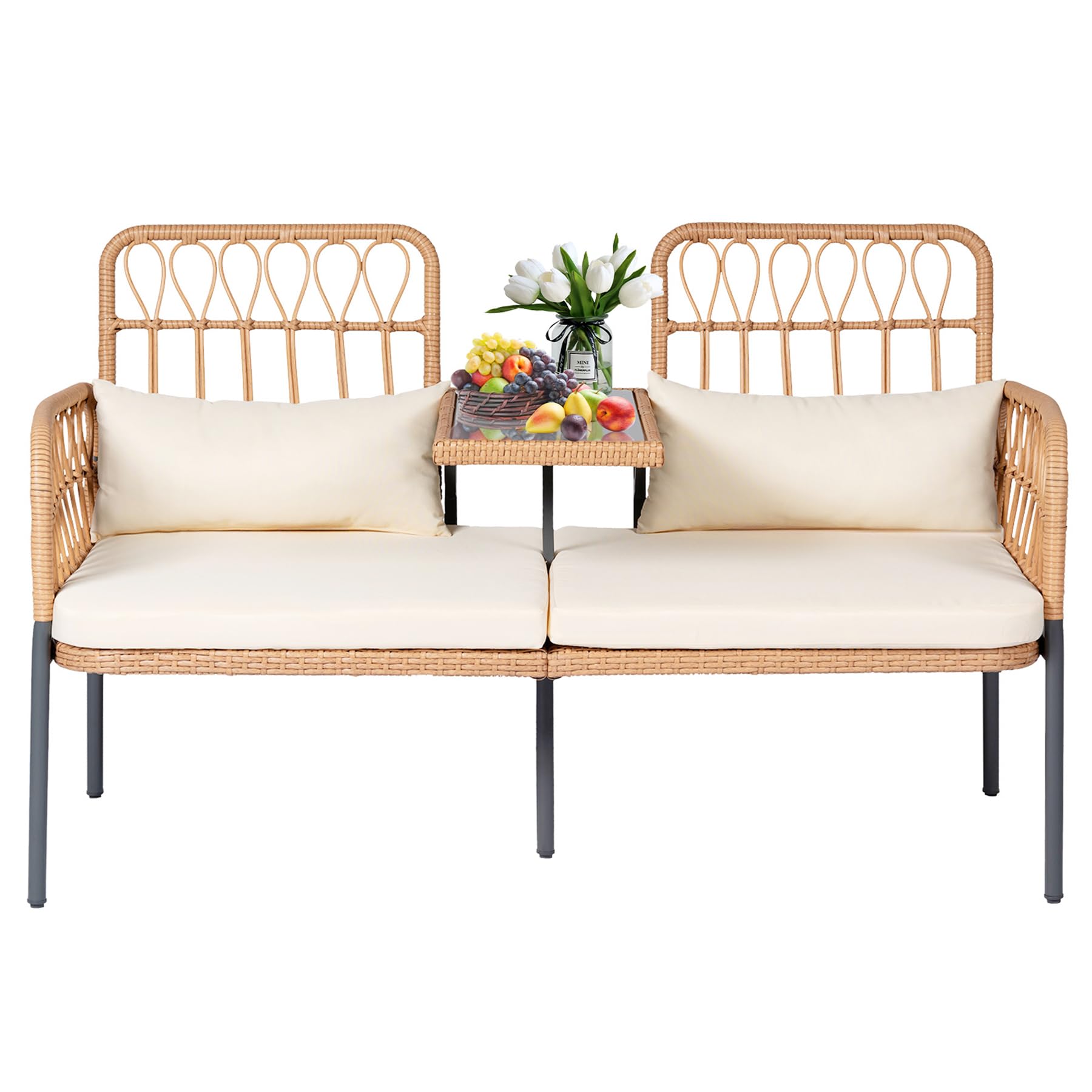PROHIKER Outdoor Rattan Loveseat 2-Seat Sofa with Built-in Table, Lumbar Pillows & Cushions - All-Weather Wicker Patio Furniture for Porch, Balcony, Garden, Lawn, Backyard - Perfect for Relaxing, Entertaining & Outdoor Lounging