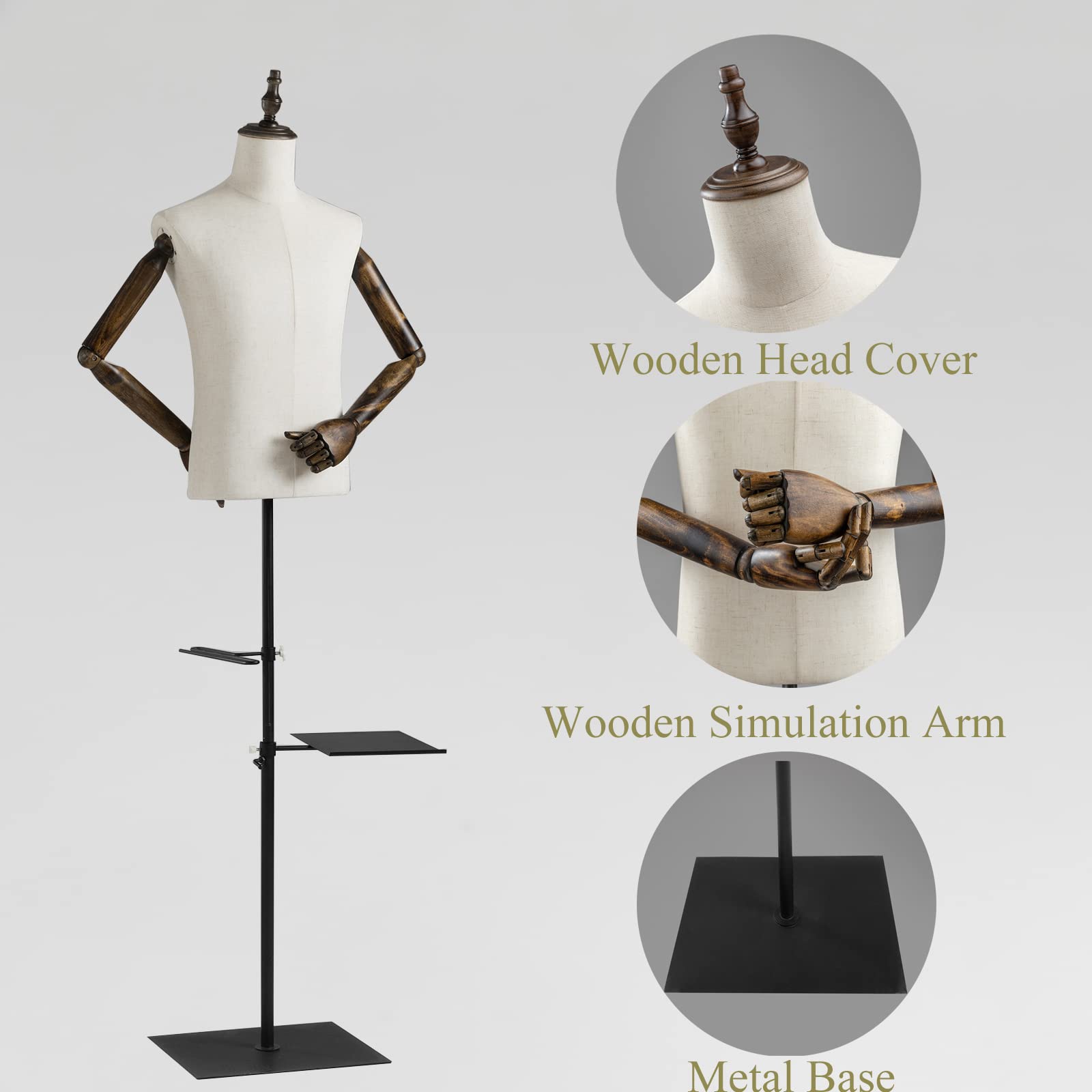 Adjustable 53-76 Inch Male Dress Form Mannequin with Wooden Arms & Metal Stand - Detachable Trousers Rack & Shoe Holder - Pinnable Torso for Clothing Display | Perfect for Retail Stores, Tailoring Shops & Fashion Design Studios