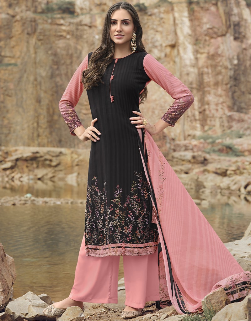 Black Siya Crepe Digital Print Suit Palazzo - Elegant Women's Formal Outfit for Office Wear, Parties & Special Occasions