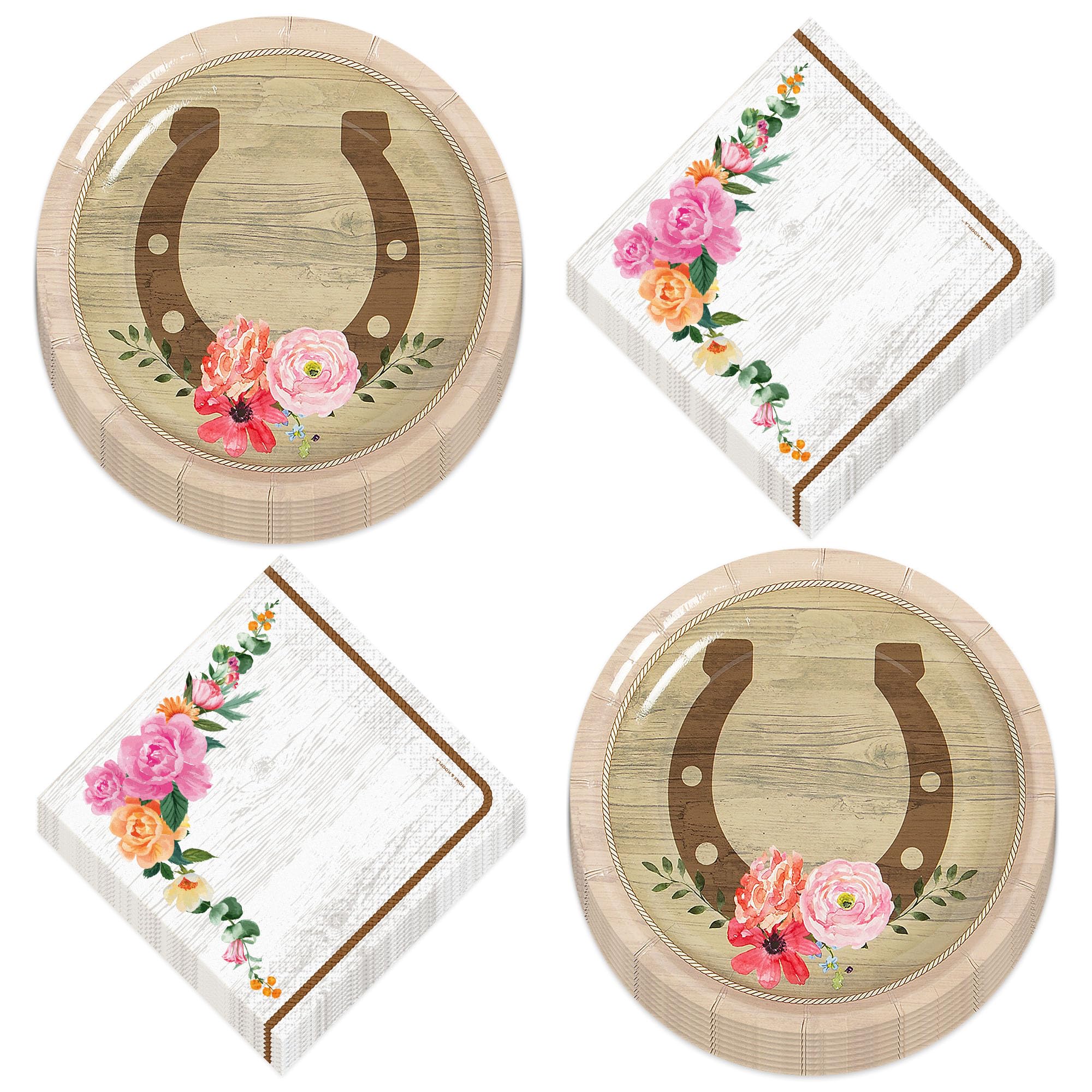 Farmhouse Floral Horseshoe Paper Dessert Plates & Napkins Set - 16-Piece Horse Party Tableware for Birthday, Baby Shower & Western Themed Events