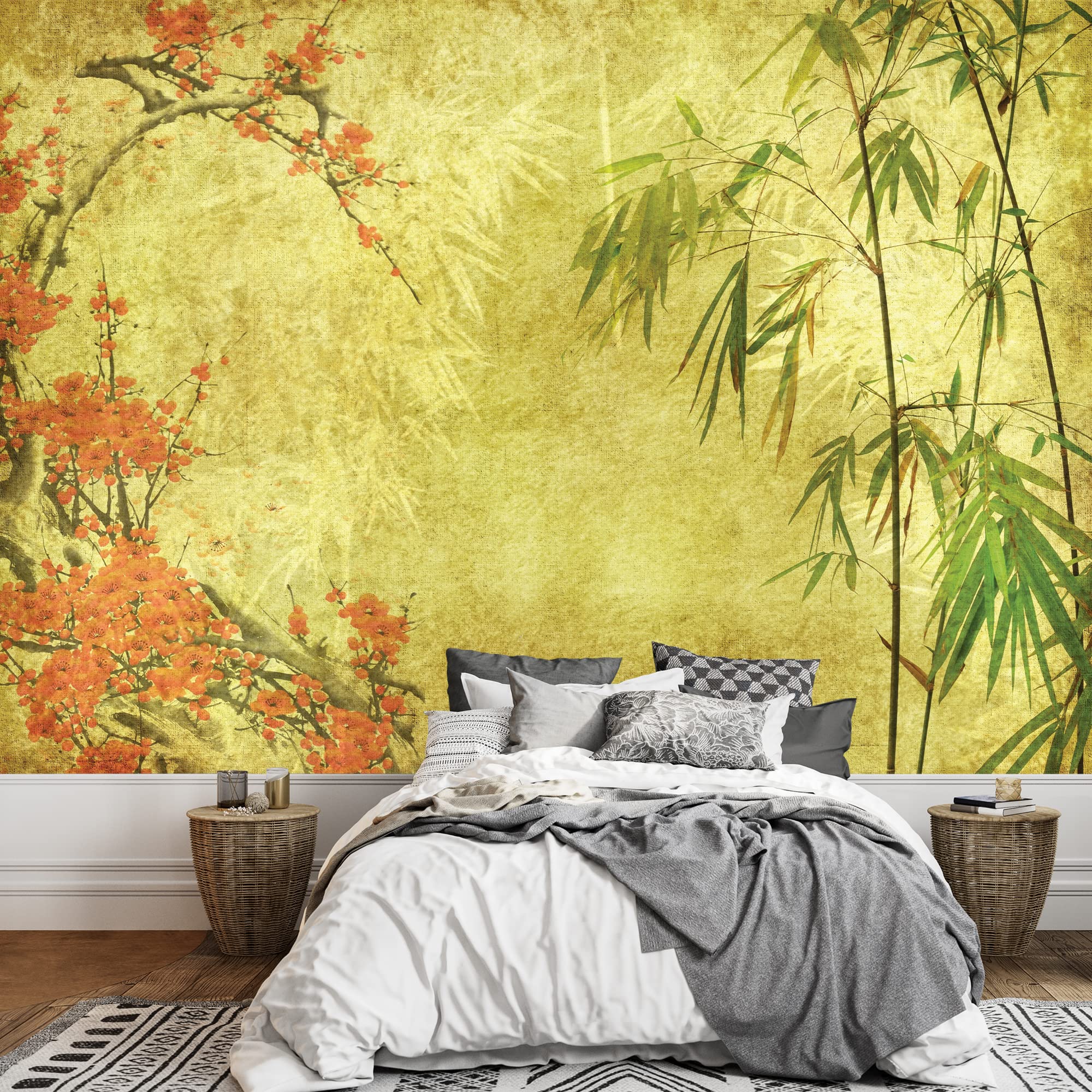Wall26 - Japanese Garden Plants Over Gold Textured Background Wall Mural - Removable Peel & Stick Wallpaper - 66x96 Inches - Perfect for Living Room, Bedroom, Office Decor