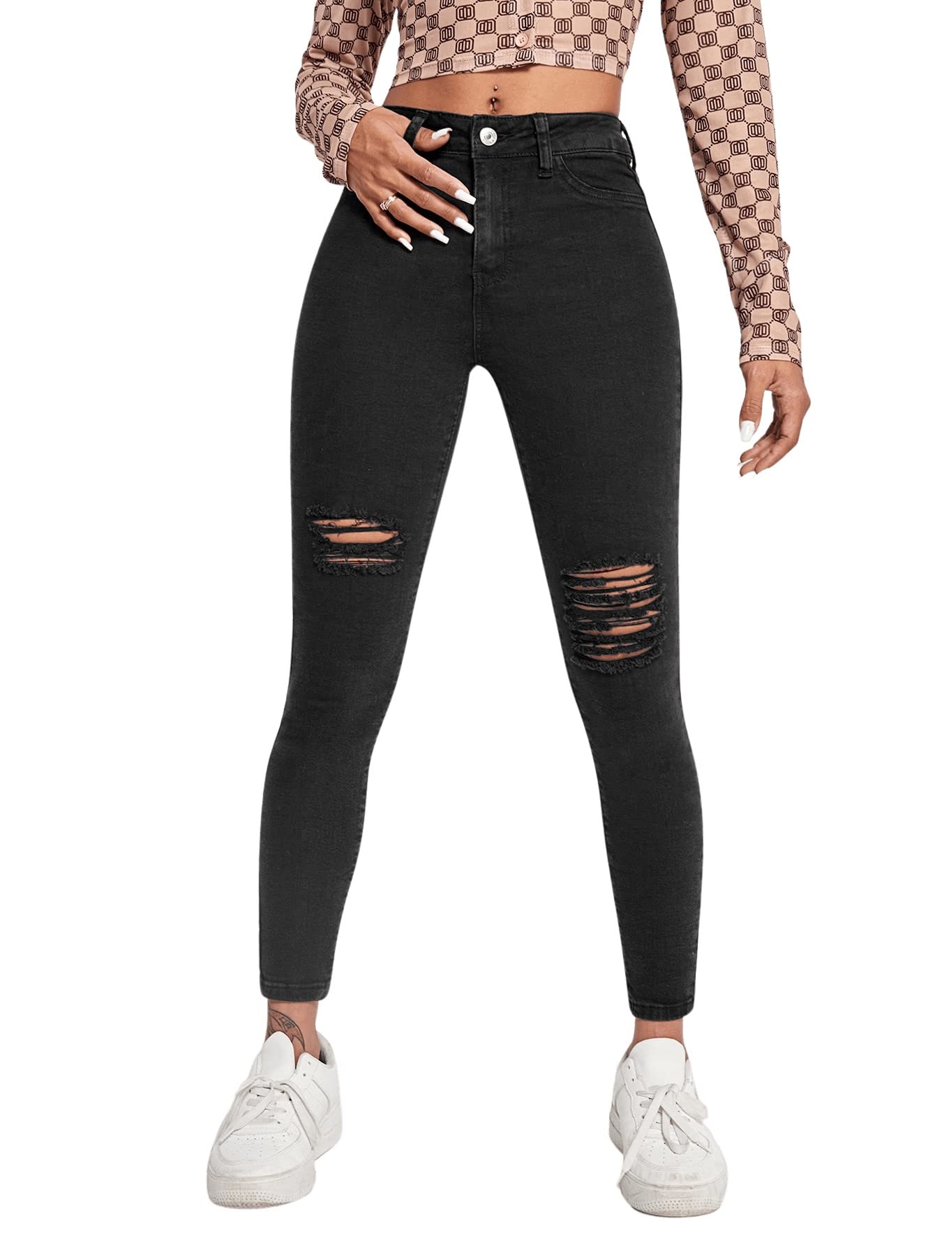 SweatyRocks Women's High Waisted Stretch Ripped Skinny Jeans - Distressed Denim Pants for Casual Wear, Street Style & Night Out | Comfortable Slim Fit Fashion Jeans for Women