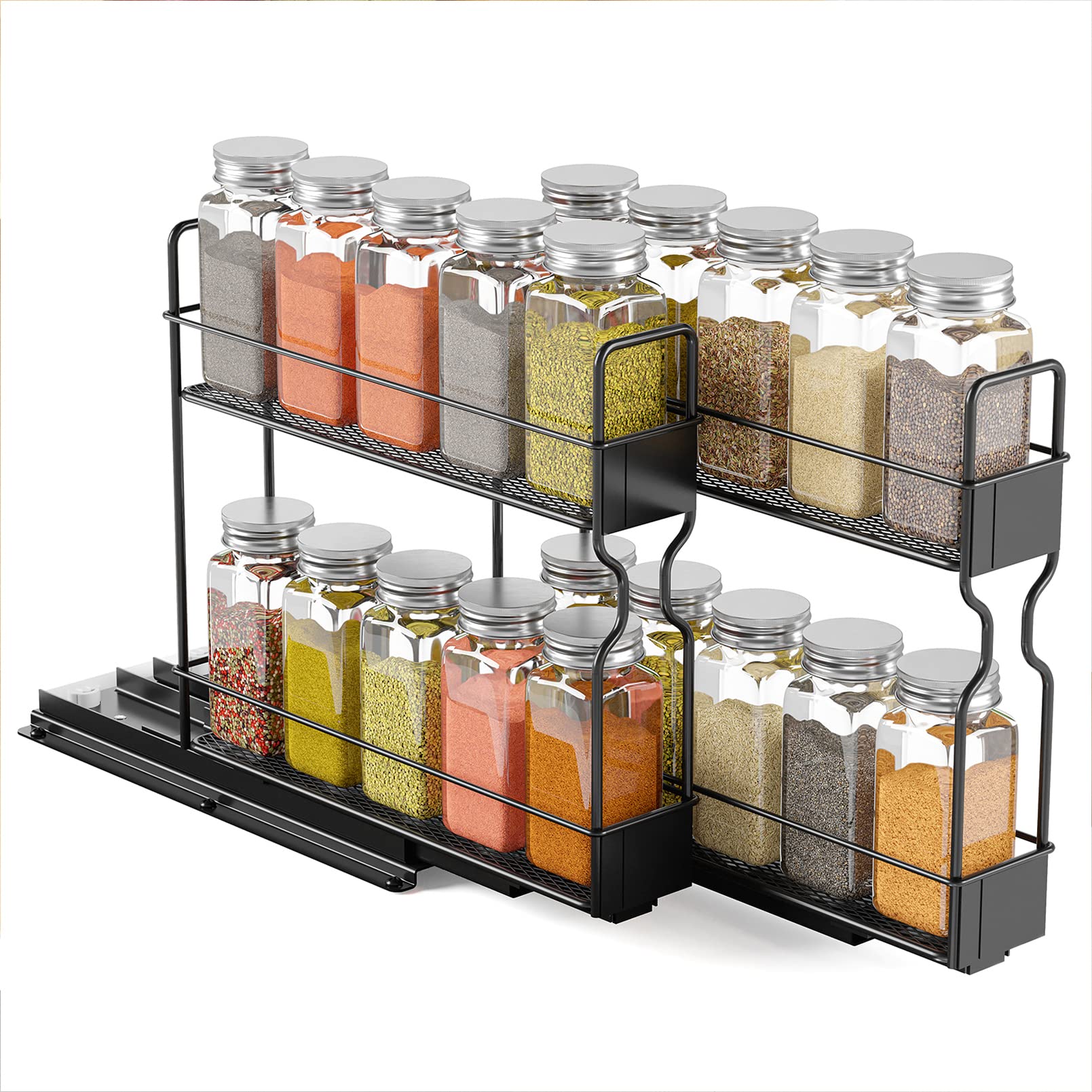 SpaceAid Pull-Out Spice Rack Organizer with 20 Jars - 2-Tier Slide-Out Cabinet Organizer for Kitchen, Includes Labels (5.2