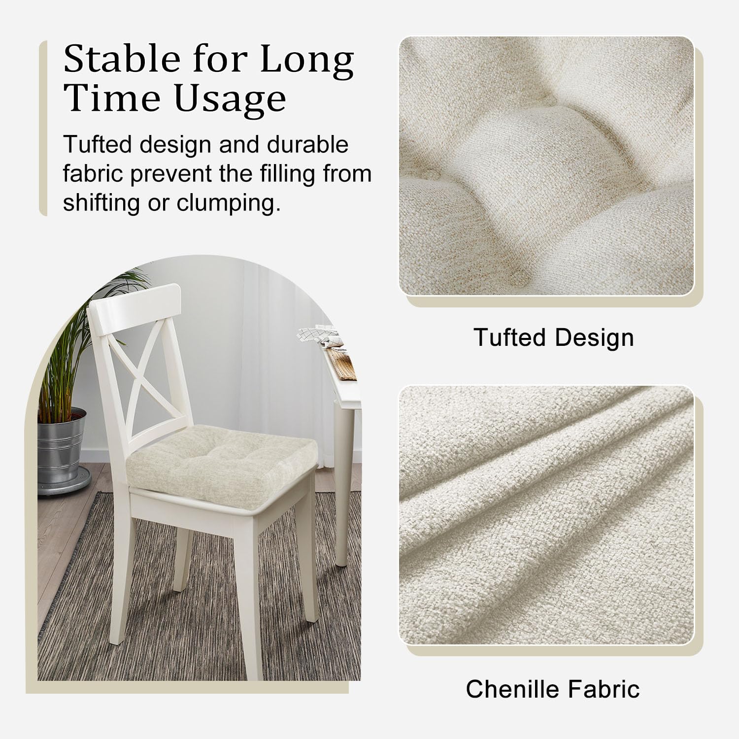 Premium Tufted Dining Chair Cushions Set of 4 - Non-Slip Kitchen Chair Pads 16x16 Inch Beige - Comfortable Seat Cushions for Dining Room, Breakfast Nook, and Kitchen Table