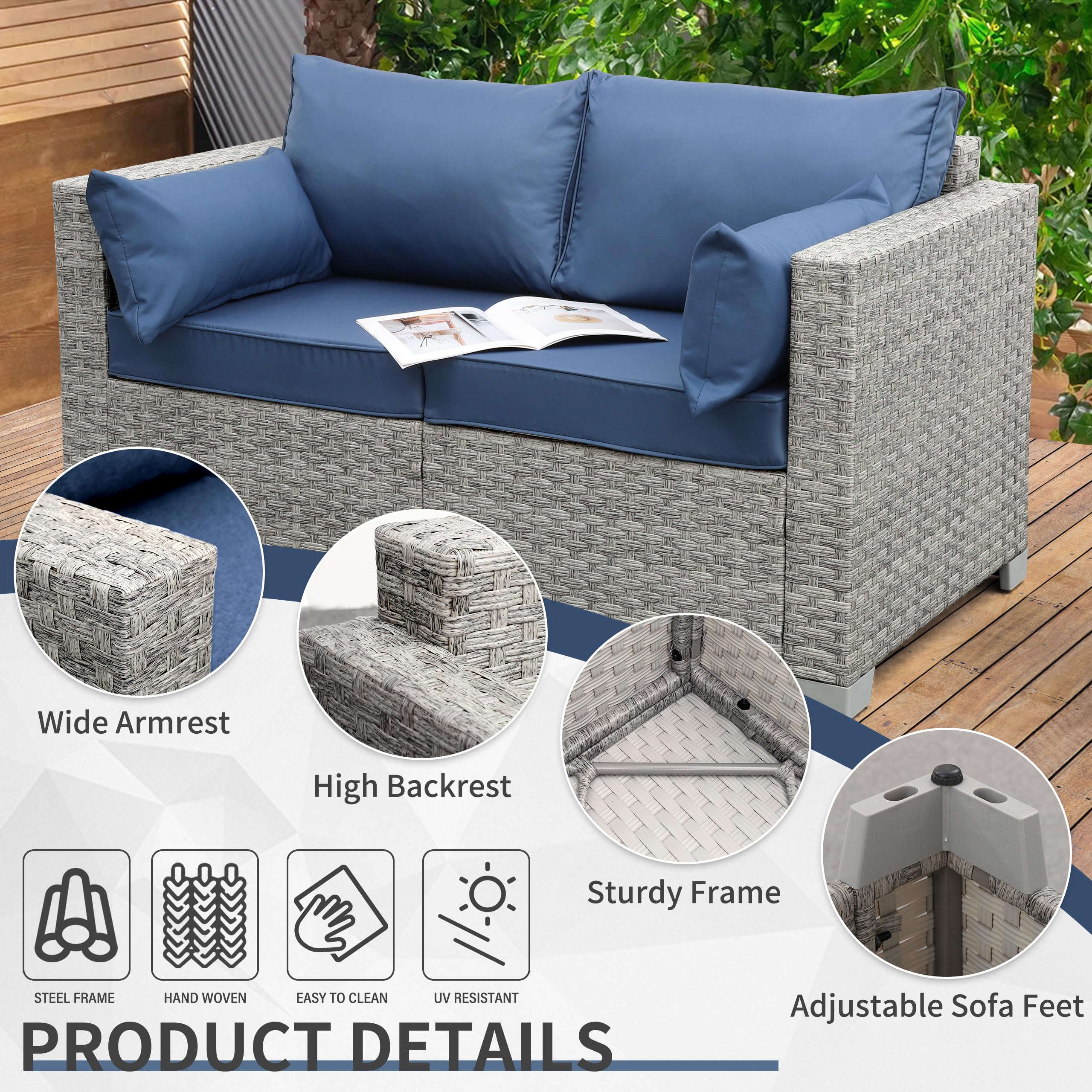 WAROOM Outdoor Wicker Loveseat 2-Seater Sofa - PE Rattan Patio Furniture with Blue Cushions | Perfect for Backyard, Garden, Balcony & Poolside Relaxation