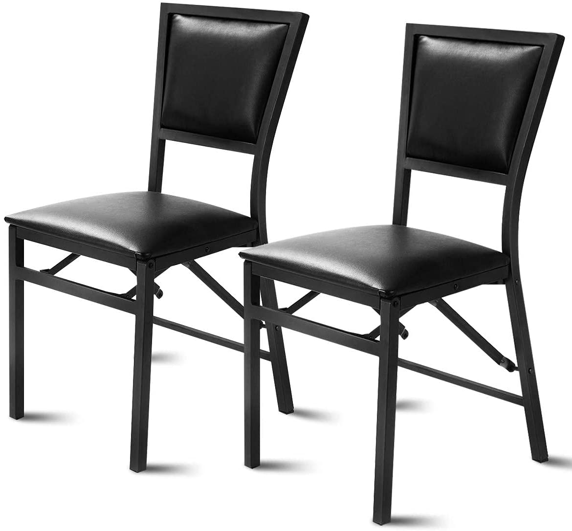 LDAILY Set of 2 Folding Chairs with Cushions - Metal Frame Mocha Kitchen Dining Chairs with Padded Seat & Backrest - Perfect for Home, Office, Restaurant, Outdoor, Camping, Picnic & Patio Use - Black
