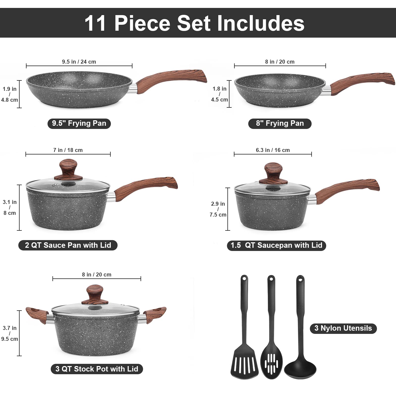Premium 11-Piece Granite Nonstick Cookware Set - Frying Pan, Sauce Pan, Stockpot with Stay-Cool Handles - Gas & Induction Compatible, PFOA-Free - Perfect for Home Cooking, Professional Kitchens & Everyday Meal Prep