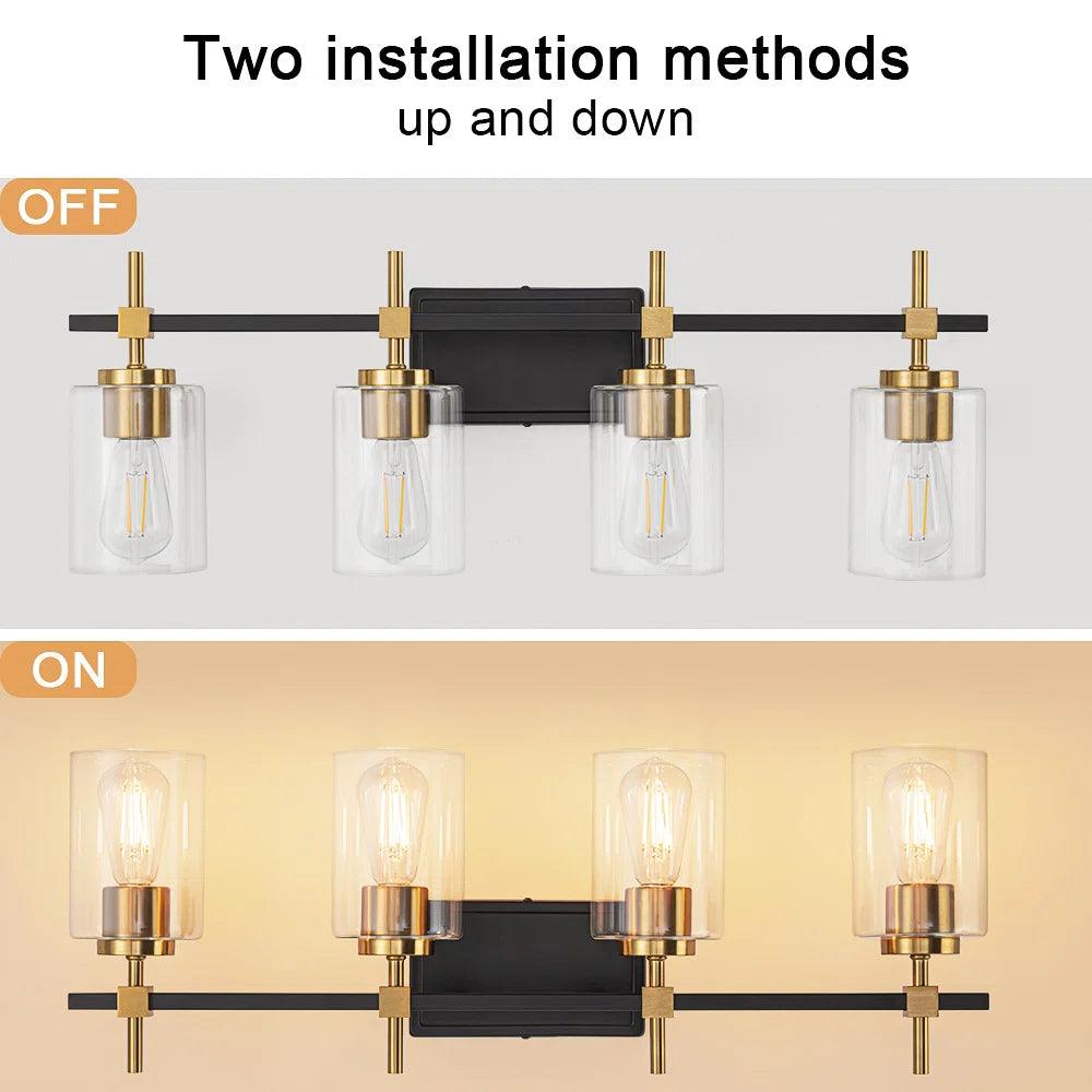 Jasper Black & Gold Clear Glass 4-Light Bathroom Vanity Light Fixture - Modern Elegant Lighting for Bathroom, Powder Room & Dressing Area
