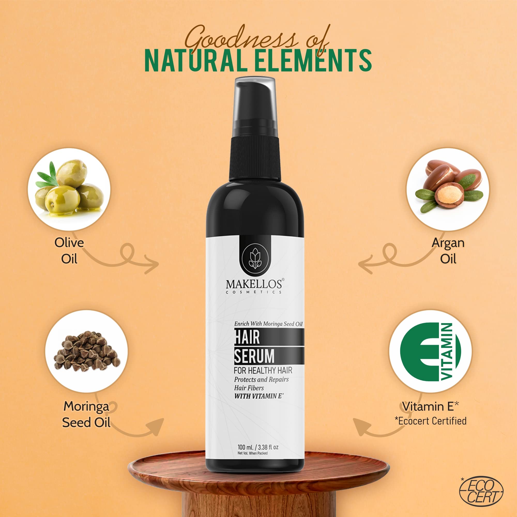 MAKELLOS Hair Repair Serum for Dry & Damaged Hair - Moringa Seed Oil & Vitamin E Treatment for Frizz Control, Hair Growth & Shine (100ml) | Best for Daily Use, Salon Results at Home