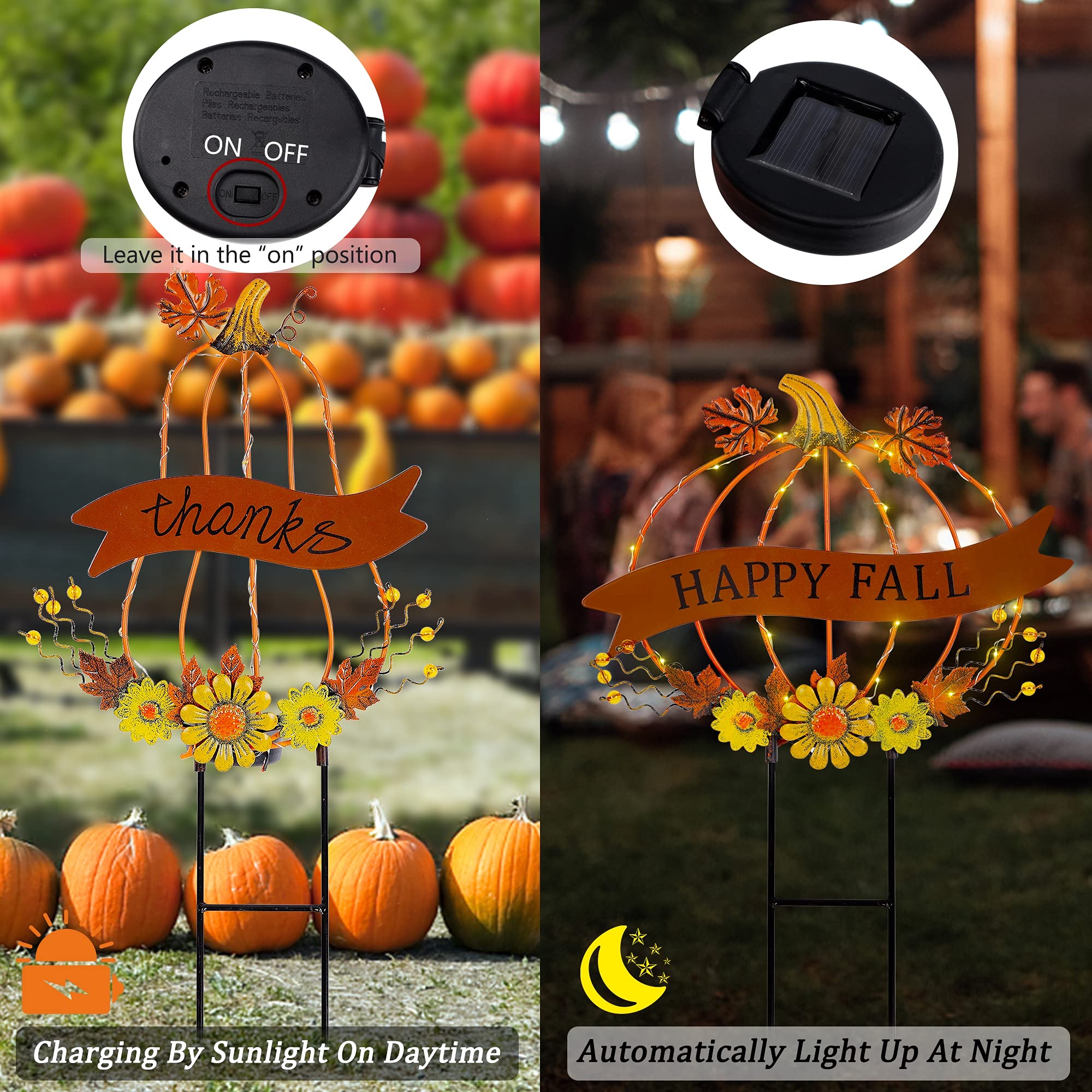Juegoal 2 Pack Solar Powered Metal Pumpkin Garden Stakes - Outdoor Fall Decorations with LED Lights for Thanksgiving & Autumn Yard Decor - Perfect for Halloween, Harvest Festival & Seasonal Home Decoration
