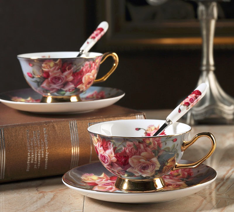 Premium Royal Bone China Tea Cup Set with Saucers - Elegant Rose Floral Porcelain Tea & Coffee Cups in Gift Box - Perfect for Afternoon Tea, Gifting, and British Tea Ceremonies