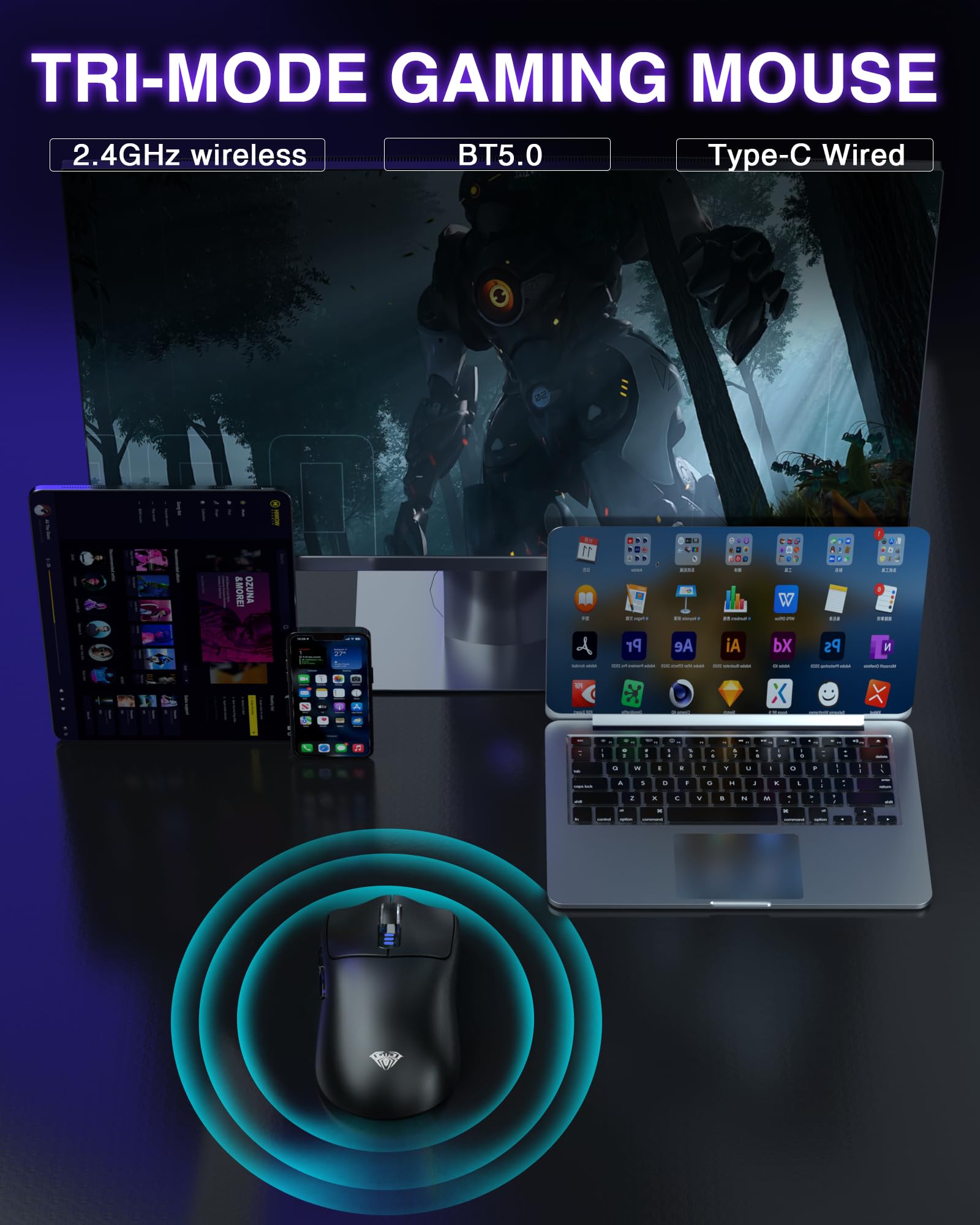 AULA SC580 Wireless Gaming Mouse - Tri-Mode 2.4G/BT5.0/USB-C, 12000 DPI Rechargeable, 6 Programmable Buttons, Ergonomic Design for PC, Laptop, Mac & Tablet | Perfect for FPS, MOBA Games & Office Work