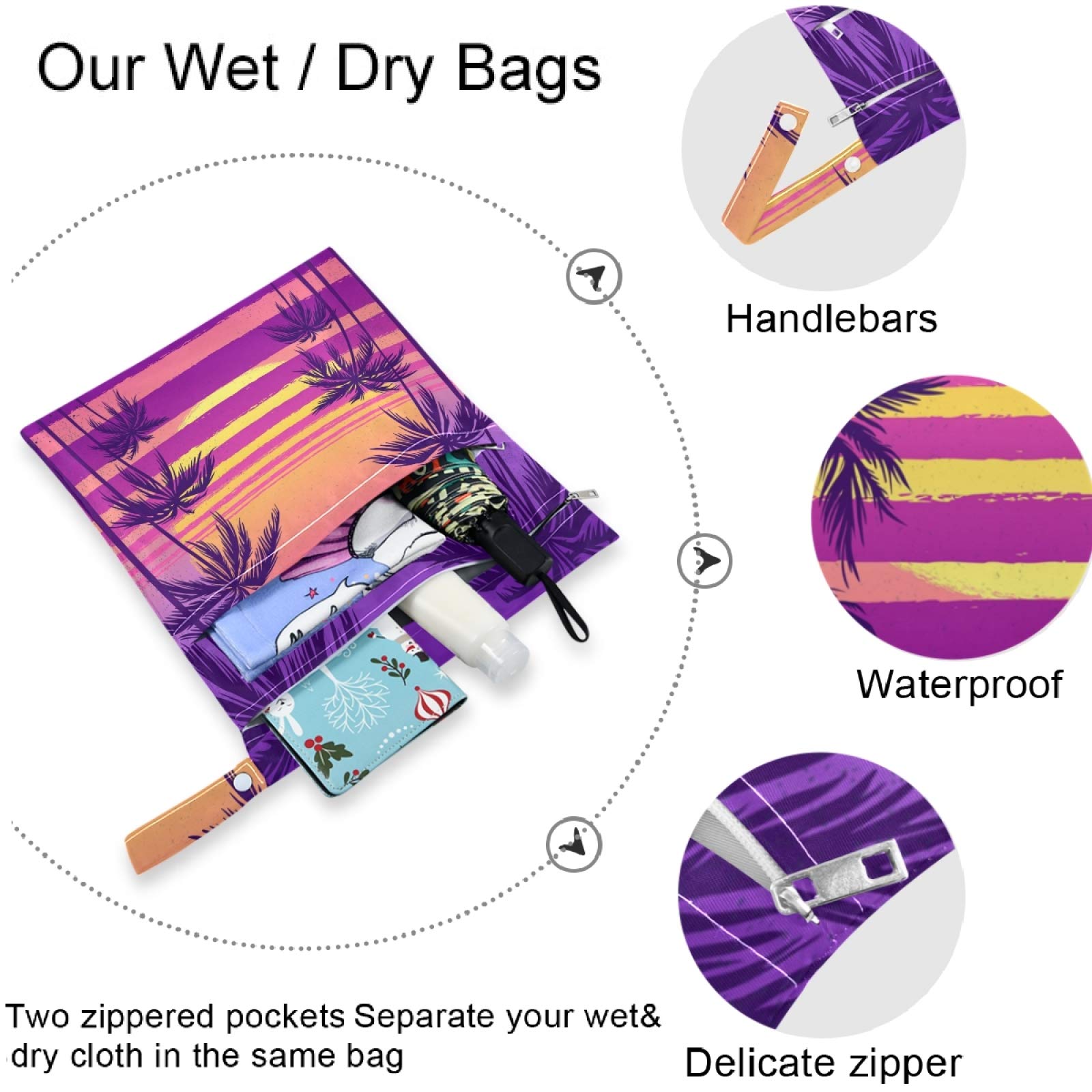 Visesunny 2-Pack Waterproof Wet Bags with Zipper Pockets - Reusable & Washable Storage for Swimsuits, Gym Clothes, Diapers & Toiletries - Perfect for Beach, Pool, Travel, Daycare & Stroller Organization