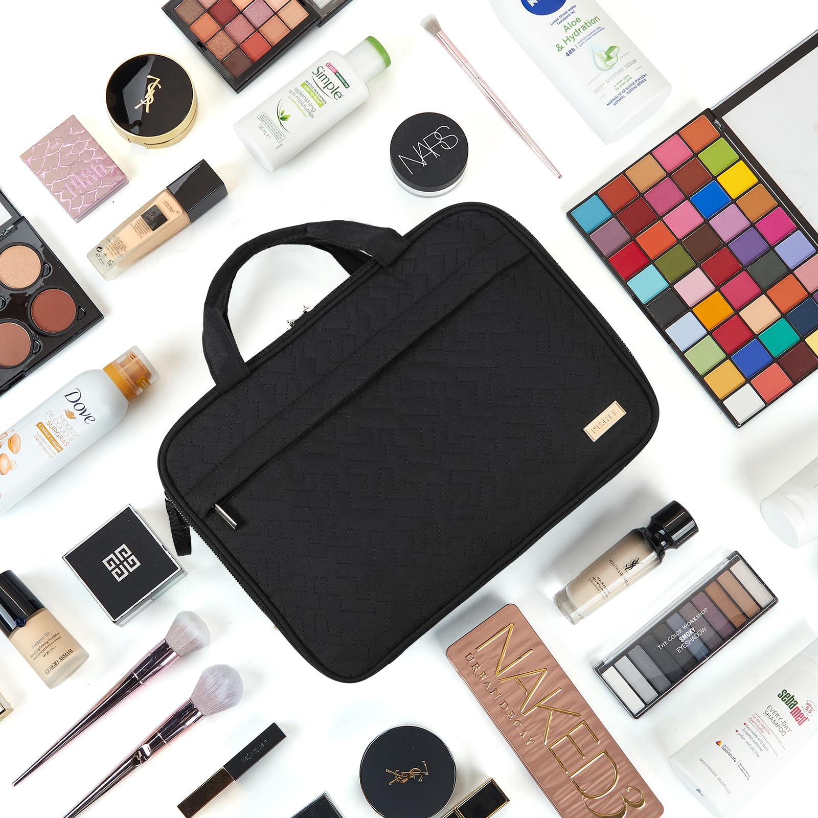 NISHEL Travel Makeup Bag Organizer - Portable Stand Up Cosmetic Case for Toiletries | Black | Perfect for Travel, Gym & Daily Use