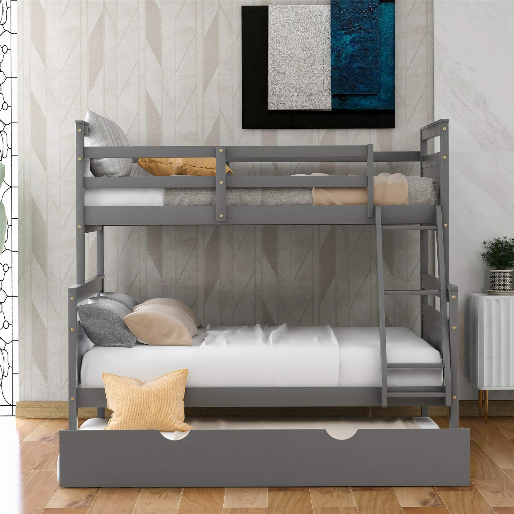 Twin Over Full Wood Bunk Bed with Trundle - Sturdy Wooden Bunk Bed Frame with Ladder & Safety Guardrail for Kids, Teens & Adults (Gray) - Perfect for Small Spaces, Guest Rooms & Kids' Bedrooms