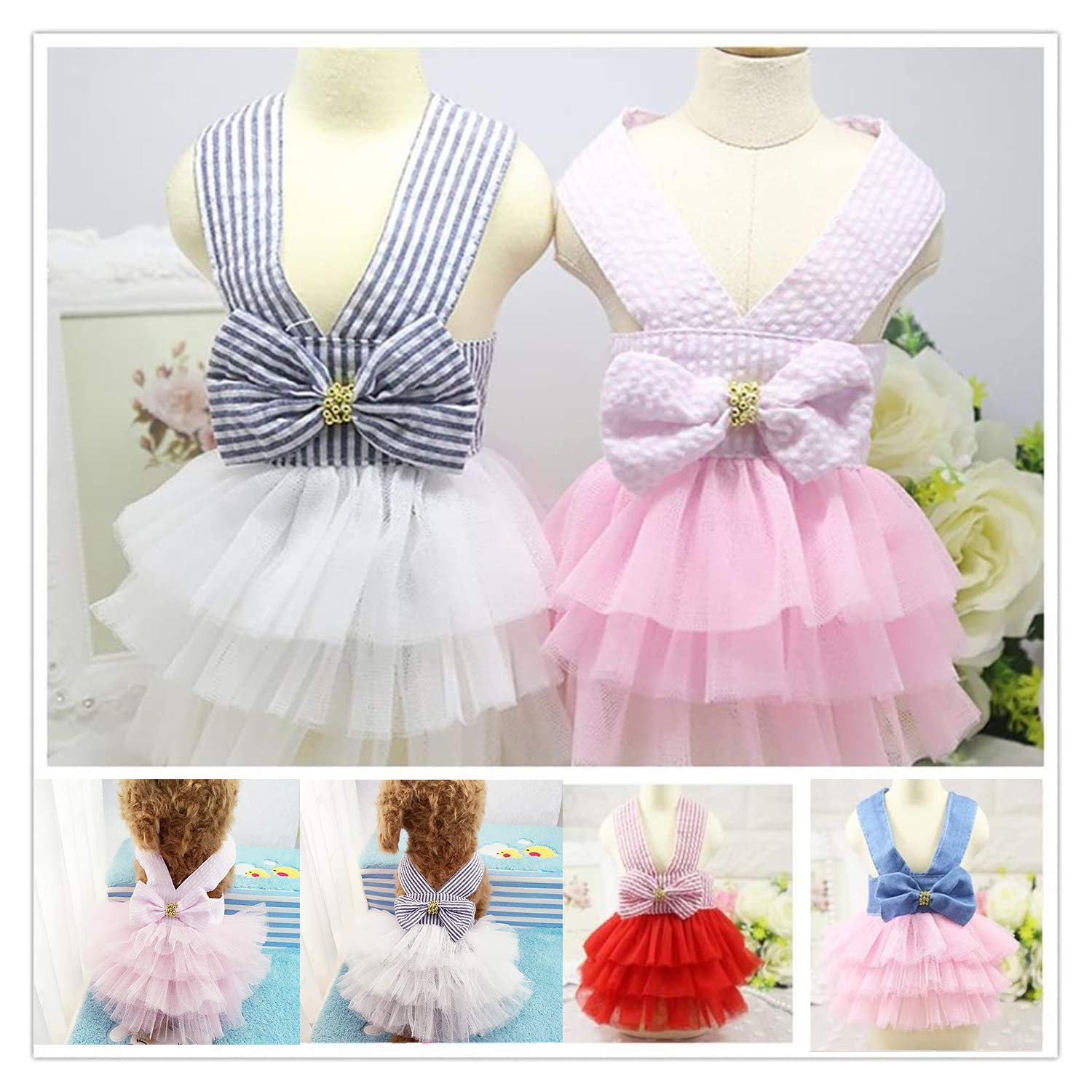 VANVENE Striped Mesh Pet Dog Dress Vest Tutu Skirt with Bowknot - Princess Puppy Apparel for Small Breed Dogs & Cats (Pink, XL) | Perfect for Parties, Photo Shoots & Special Occasions