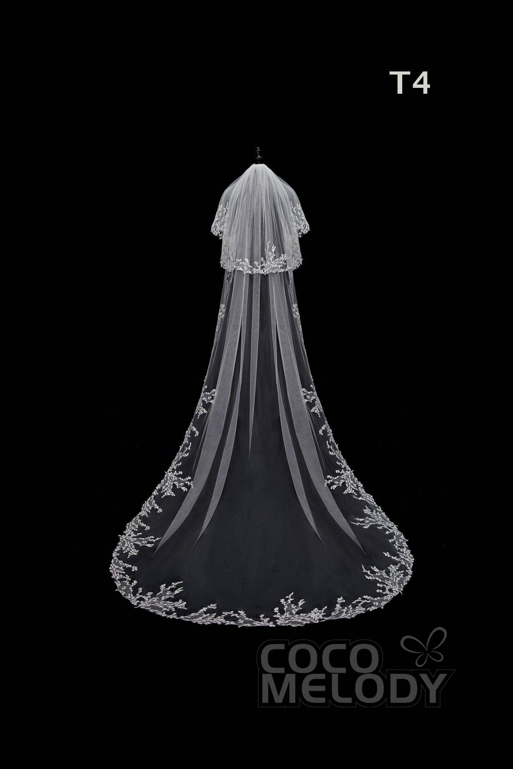 Elegant One-Tier Lace Edge Tulle Bridal Hip Veil with Floral Appliques - Perfect for Wedding, Bridal Shower & Boho Photoshoots