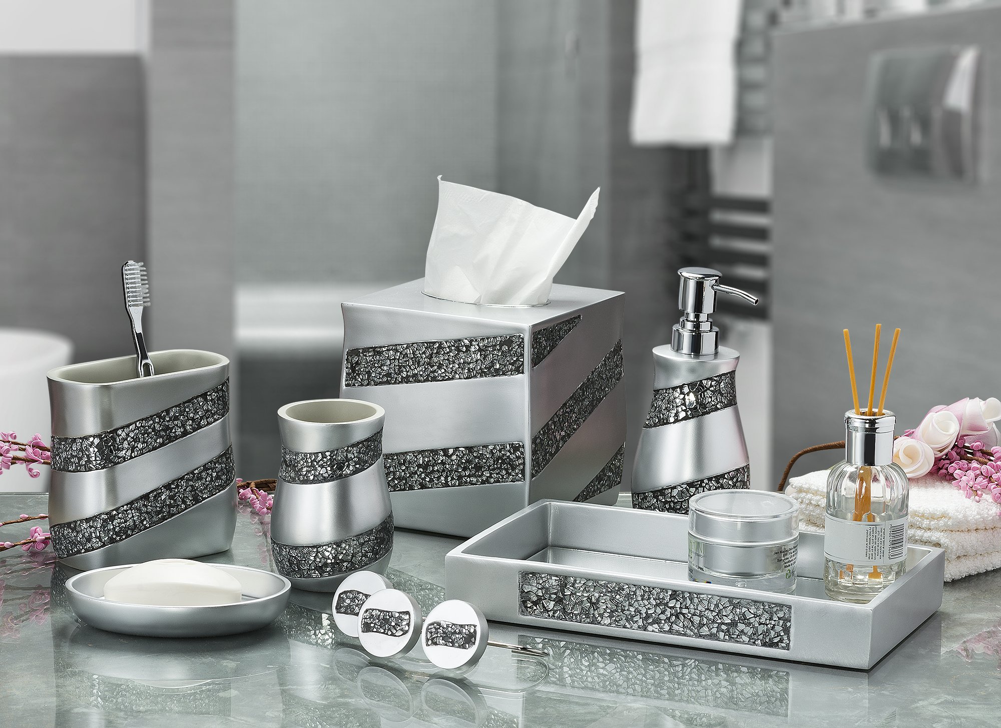 Creative Scents Silver Mosaic Electric Toothbrush Holder - Bathroom Organizer for Toothbrushes, Toothpaste & Makeup Brushes | Stylish Gray Bathroom Cup for Countertop Storage & Home Decor
