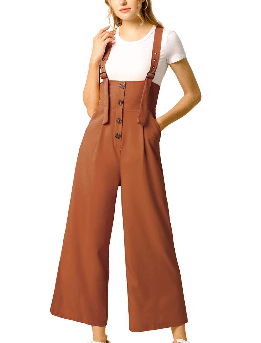 Allegra K Women's High Waist Wide Leg Belted Jumpsuit with Buttons - Stylish Long Overalls for Casual Wear, Office Outfits & Spring Fashion