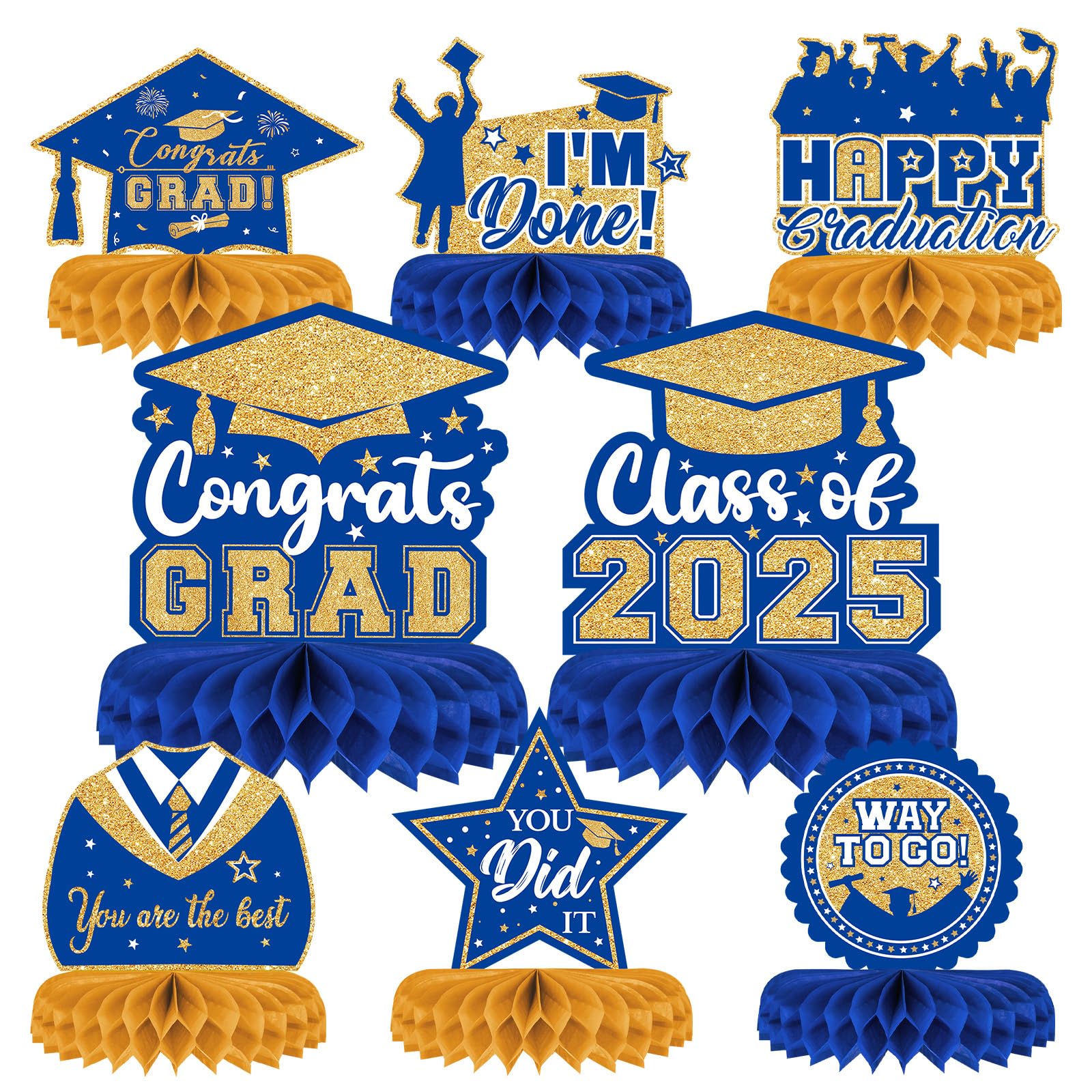 8-Piece Class of 2025 Graduation Decor Set - Blue & Gold Honeycomb Centerpieces, Table Toppers for 2025 Grad Party | Perfect for Graduation Ceremony Decorations, Senior Night, and College Celebration Decor