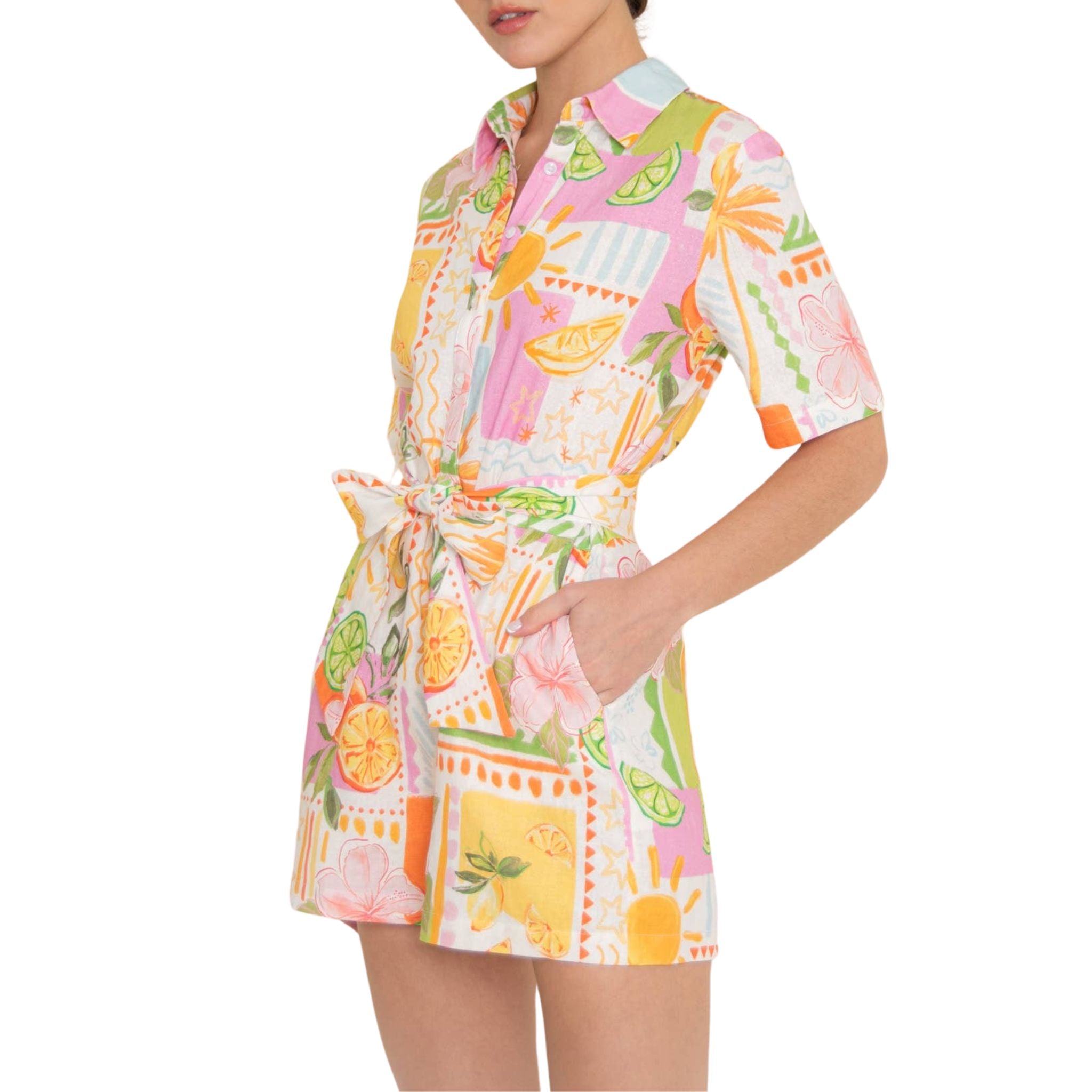 Vintage Citrus Fruit Print Romper - Retro 70s Style Jumpsuit for Women, Summer Casual Outfit, Beach Party & Music Festival Fashion