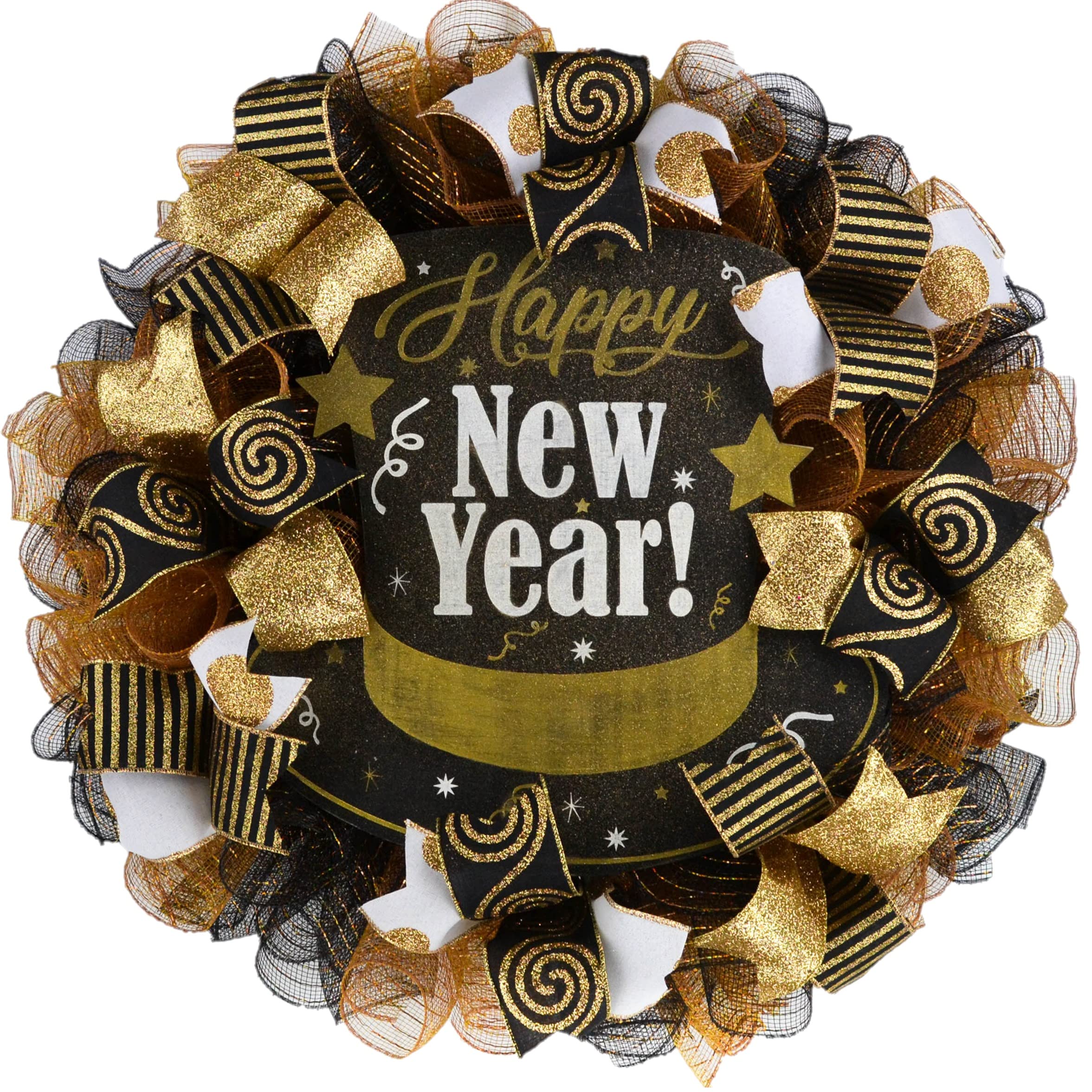Elegant Black Gold White Top Hat New Year Wreath for Front Door - Festive New Year's Eve Party & Holiday Home Decor - Perfect for Christmas to New Year Celebrations & Winter Door Hanging