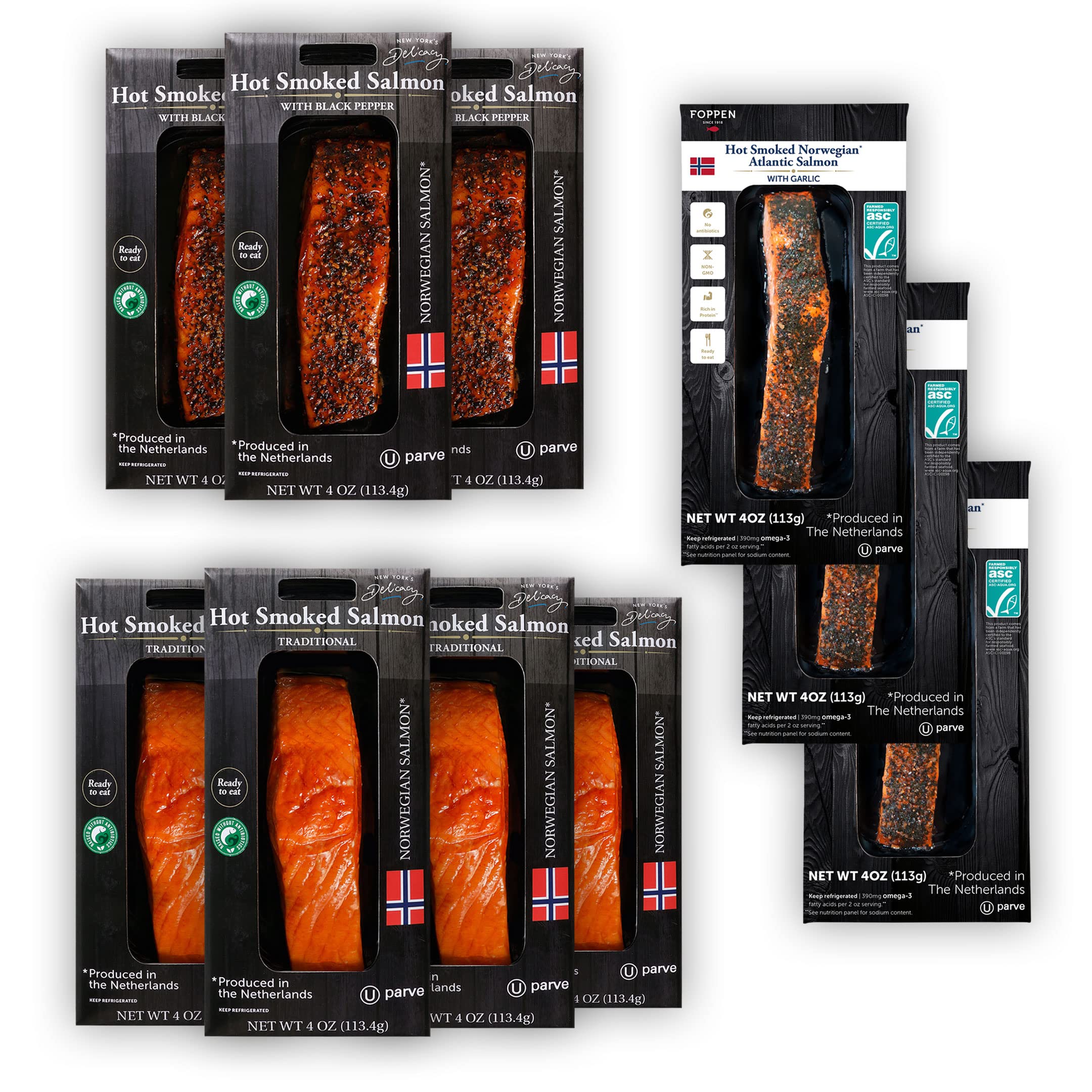 Premium Norwegian Hot Smoked Salmon Assortment - 10 Pack (4oz Each, 2.5lb Total) - Traditional, Black Pepper & Garlic Flavors - Kosher, Gluten-Free, High in Omega-3 - Ready-to-Eat Gourmet Seafood for Parties, Charcuterie Boards & Healthy Snacking