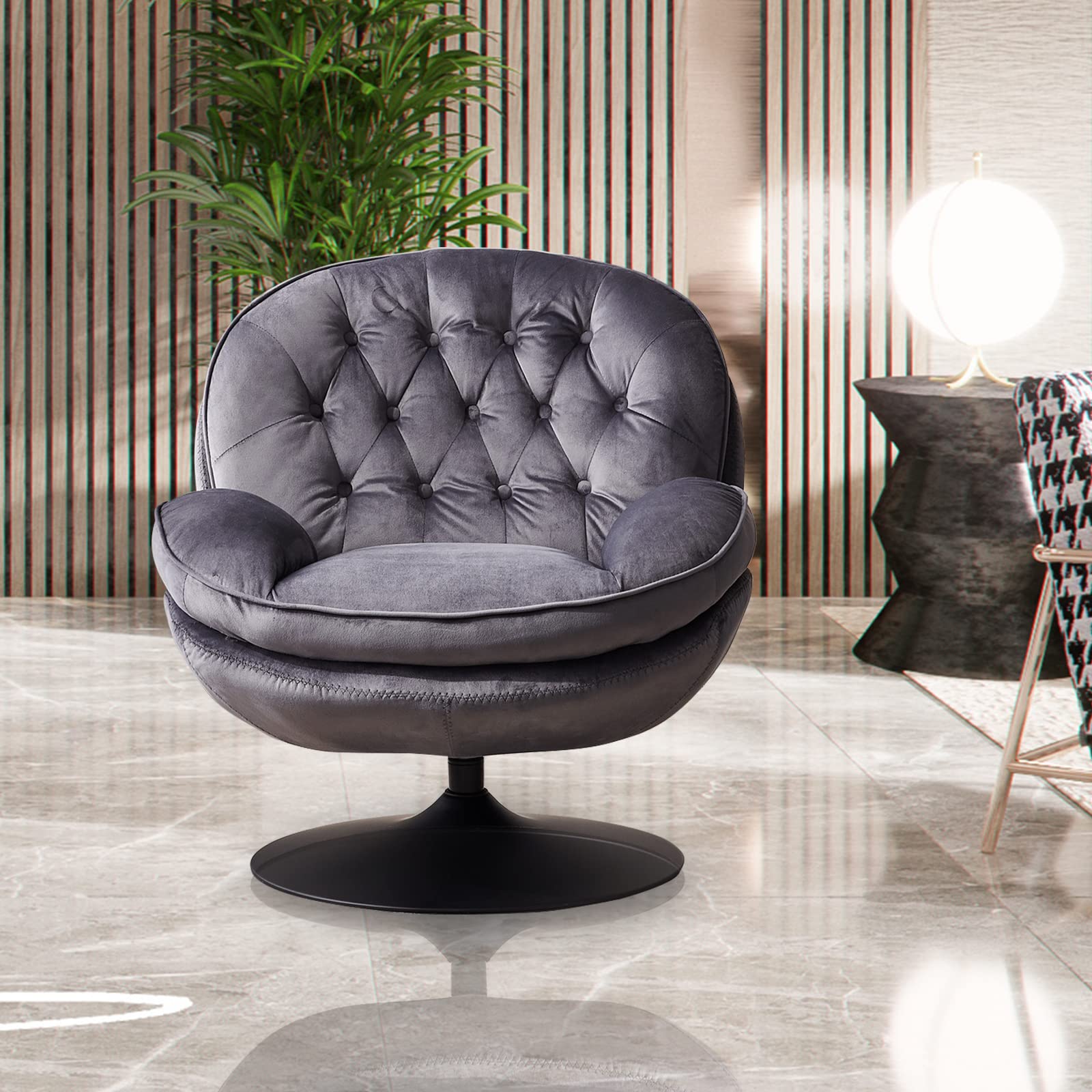 Velvet Swivel Accent Chair with Ottoman - Modern Lounge Chair for Living Room, Bedroom & Reading Nook - Cozy TV Chair & Relaxing Sofa - Gray Upholstered Furniture (Perfect for Small Spaces, Apartments & Home Offices)