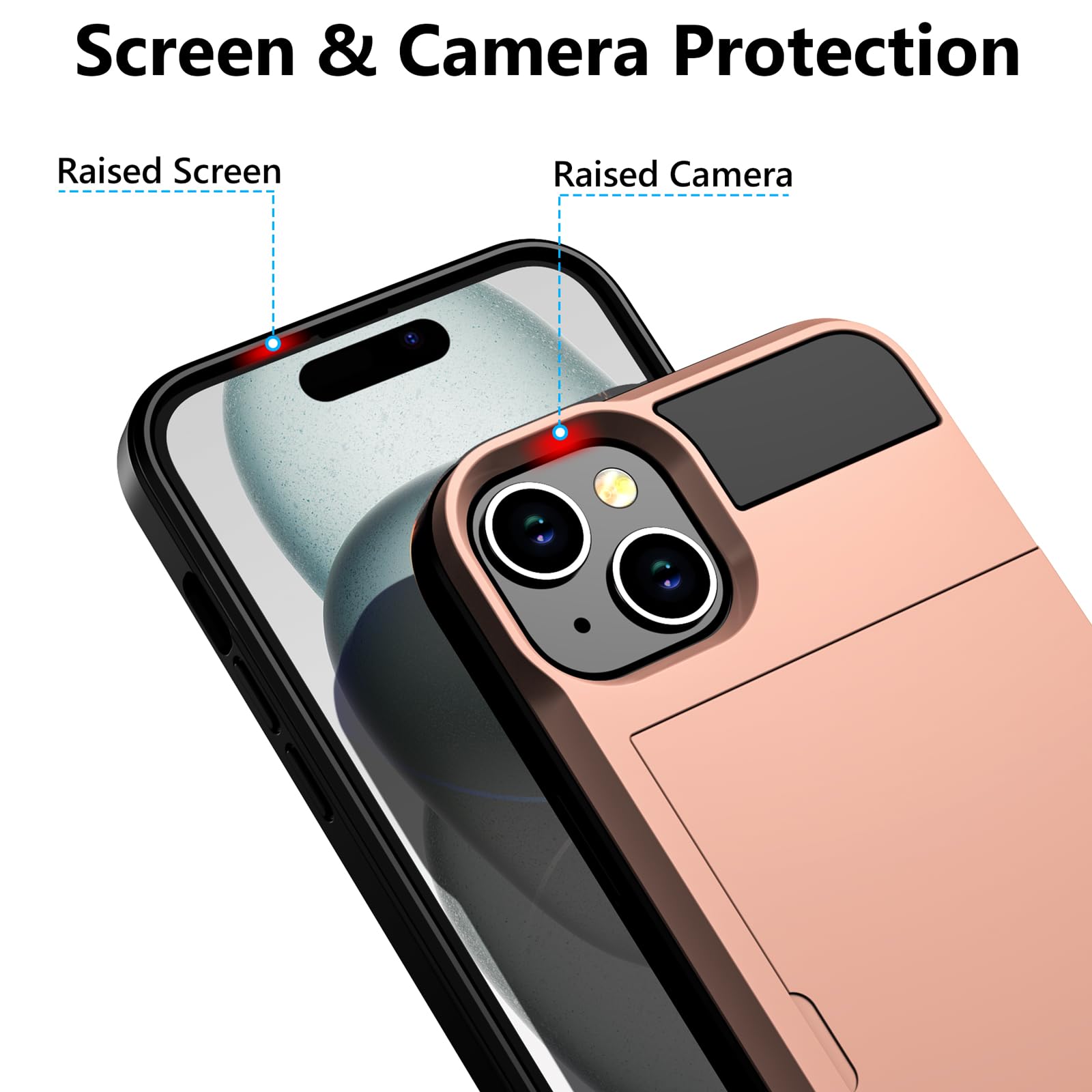 Vofolen iPhone 15 Case with Card Holder - Slim Dual Layer Shockproof Wallet Phone Cover with Hidden Sliding Card Slot | 6.1 Inch Rose Gold Protective Hard Shell | Perfect for Everyday Use, Travel & Hands-Free Convenience