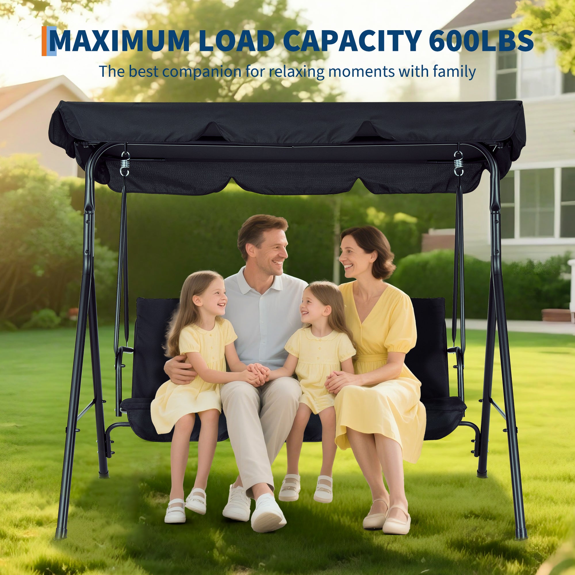 GARVEE 3-Person Outdoor Patio Swing Chair with Adjustable Tilt Canopy - Convertible Hanging Glider Lounge for Porch, Backyard & Garden - Weather-Resistant Black Steel Frame - Perfect for Relaxing, Reading & Outdoor Entertaining
