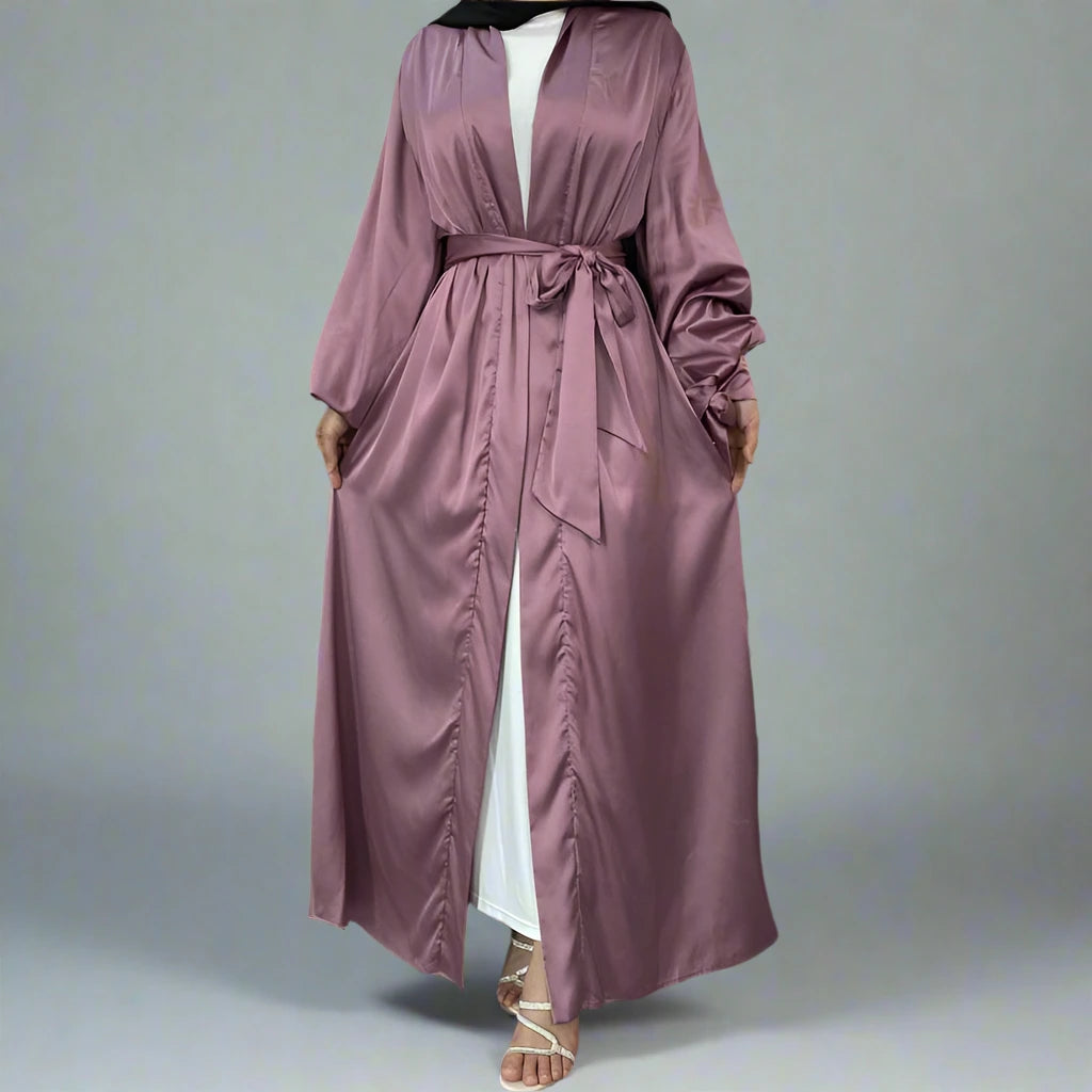10 Color Options Puff Sleeve Satin Open Abaya Dress for Muslim Women - Elegant Modest Fashion for Prayer, Eid, Wedding & Special Occasions
