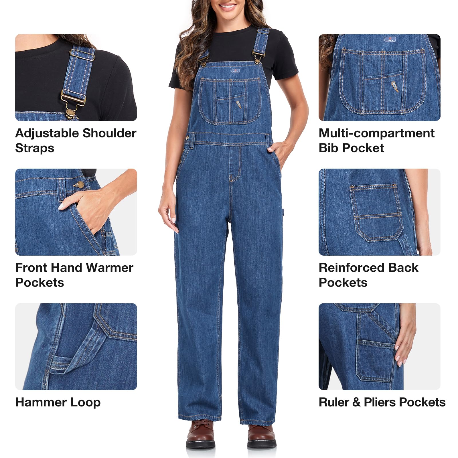 HISEA Women's Bib Overalls - Relaxed Fit Denim Overalls with Adjustable Straps & Tool Pockets for Workwear, Gardening, DIY Projects & Casual Outfits