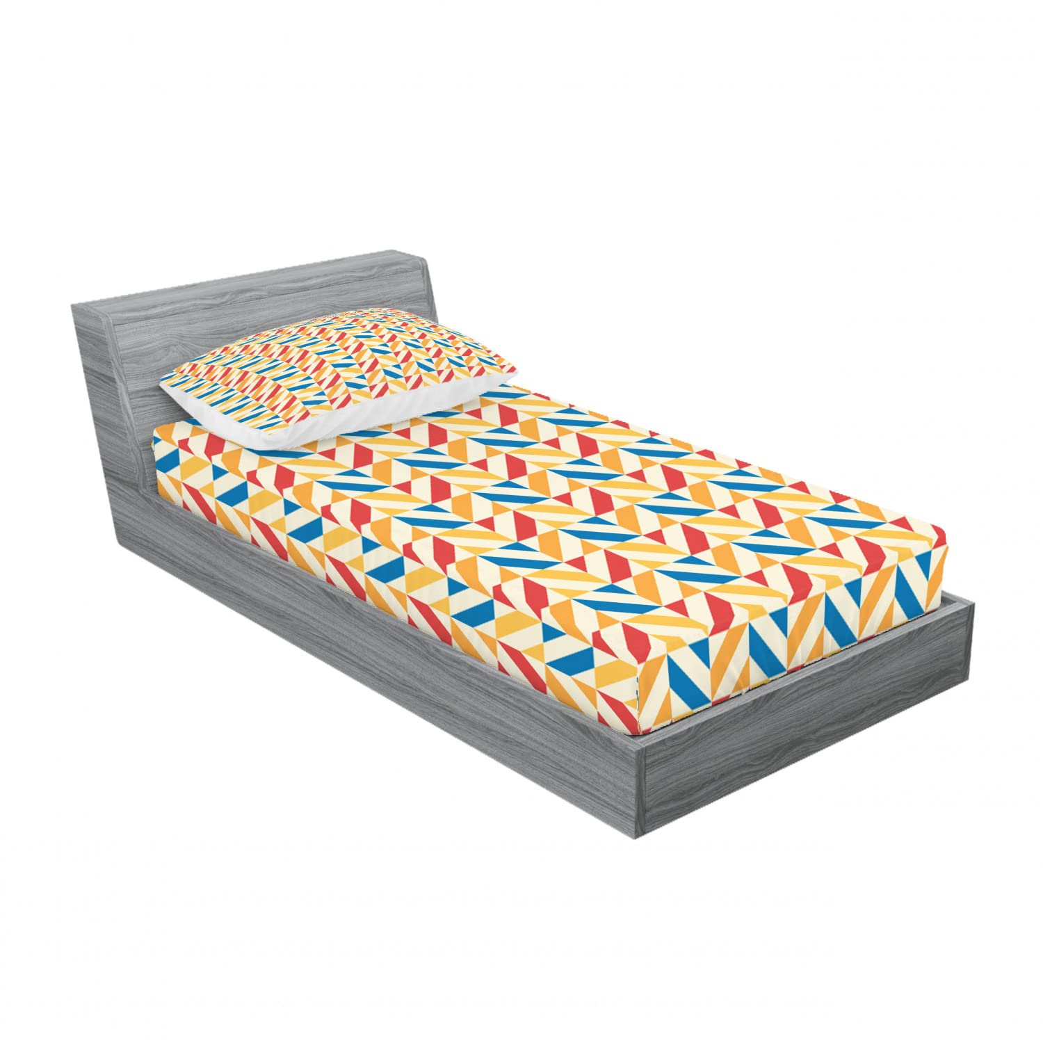 Ambesonne 2-Pack Twin Fitted Sheets & Pillow Sham Set - Retro Diagonal Striped Square Pattern in Marigold Scarlet - 4 Piece Bedding Set for Kids & Teens Rooms - Perfect for Dorm, Guest Room & Home Decor