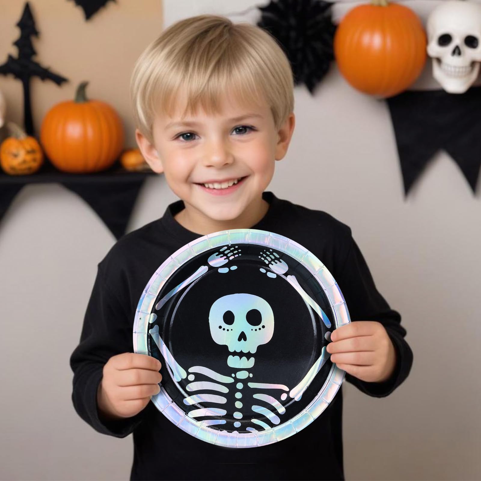 Halloween Paper Plates 50 Count - Disposable Halloween Dinner Plates with Skeleton & Iridescent Silver Foil Design - Perfect for Halloween Party Decorations, Trick or Treat Gatherings, and Spooky Themed Events