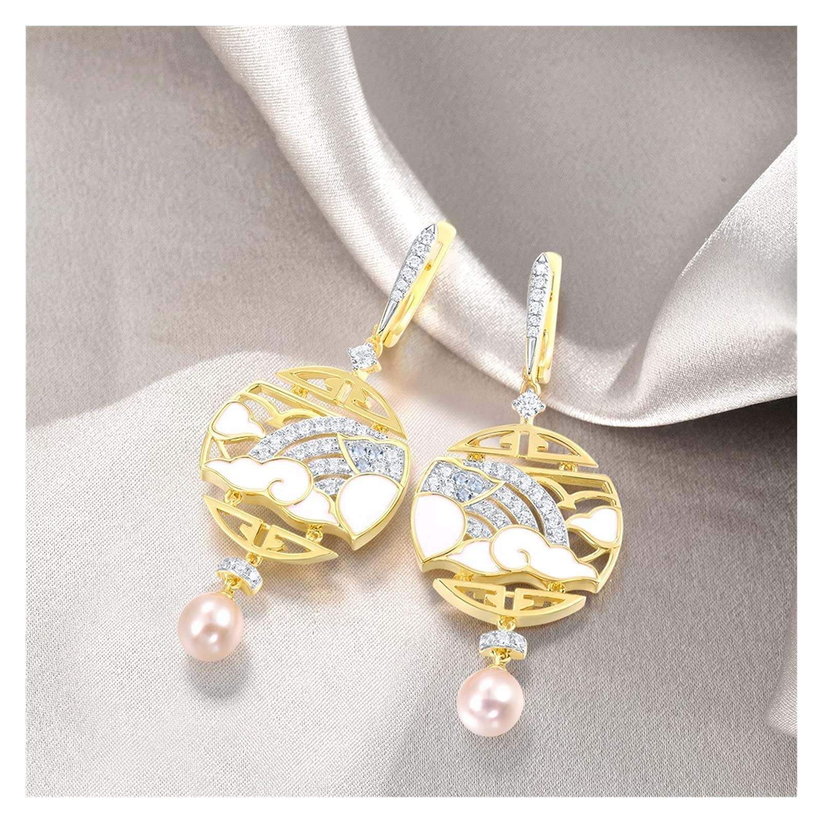 925 Sterling Silver Dangling Earrings for Women - Handmade Round Pearl & White Enamel Cloud Design Chic Fine Jewelry | Elegant Gift for Her, Wedding, Party & Daily Wear