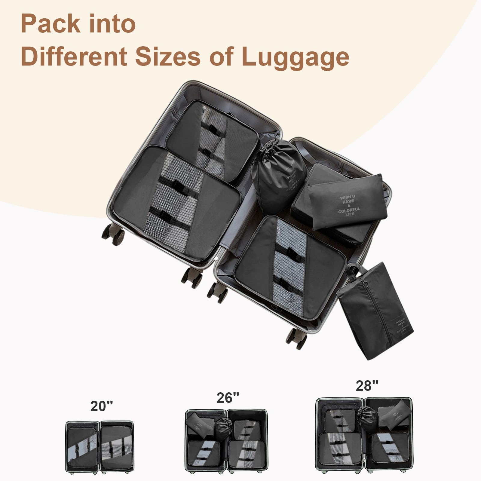6-Piece Packing Cubes Set for Luggage & Suitcase - Travel Organizer Bags for Carry-On, Clothes Storage & Laundry - Includes Shoe Bag - Perfect for Men & Women Travel Accessories (Ideal for Business Trips, Vacations & Weekend Getaways)