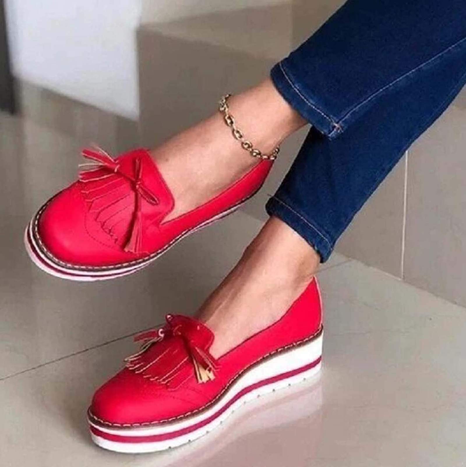 Women's Leather Wedge Platform Sandals with Tassel Detail - Closed Toe Retro Round Toe Comfortable Fashion Shoes for Women (Red, Size 41) - Perfect for Summer Outfits, Beach Vacations & Casual Wear