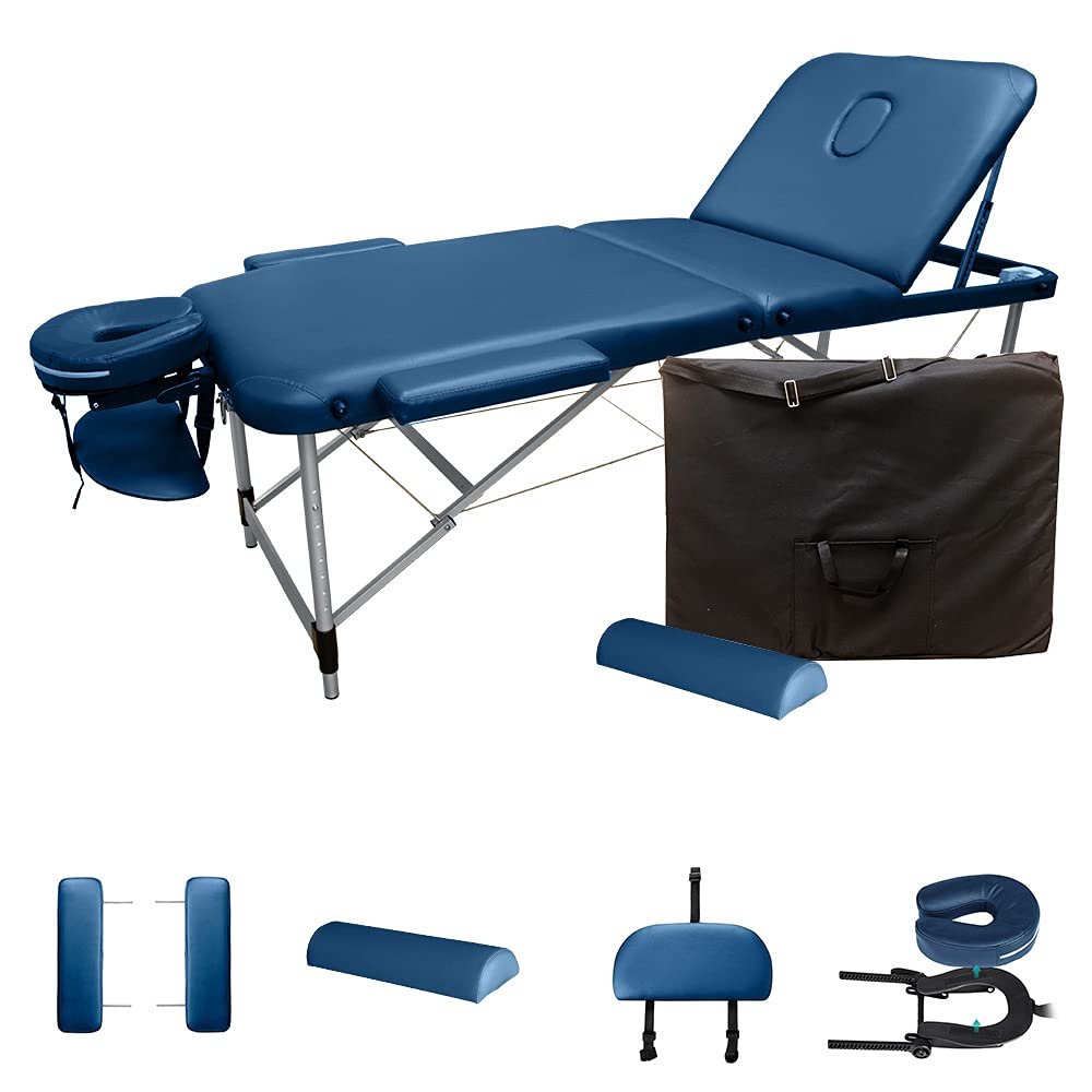 ANGEL USA 84 Inch Portable Massage Table - 3-Section Aluminum Facial SPA Bed & Tattoo Table w/Free Carry Case (Navy Blue) | Perfect for Home Spa, Professional Massage & Tattoo Studios