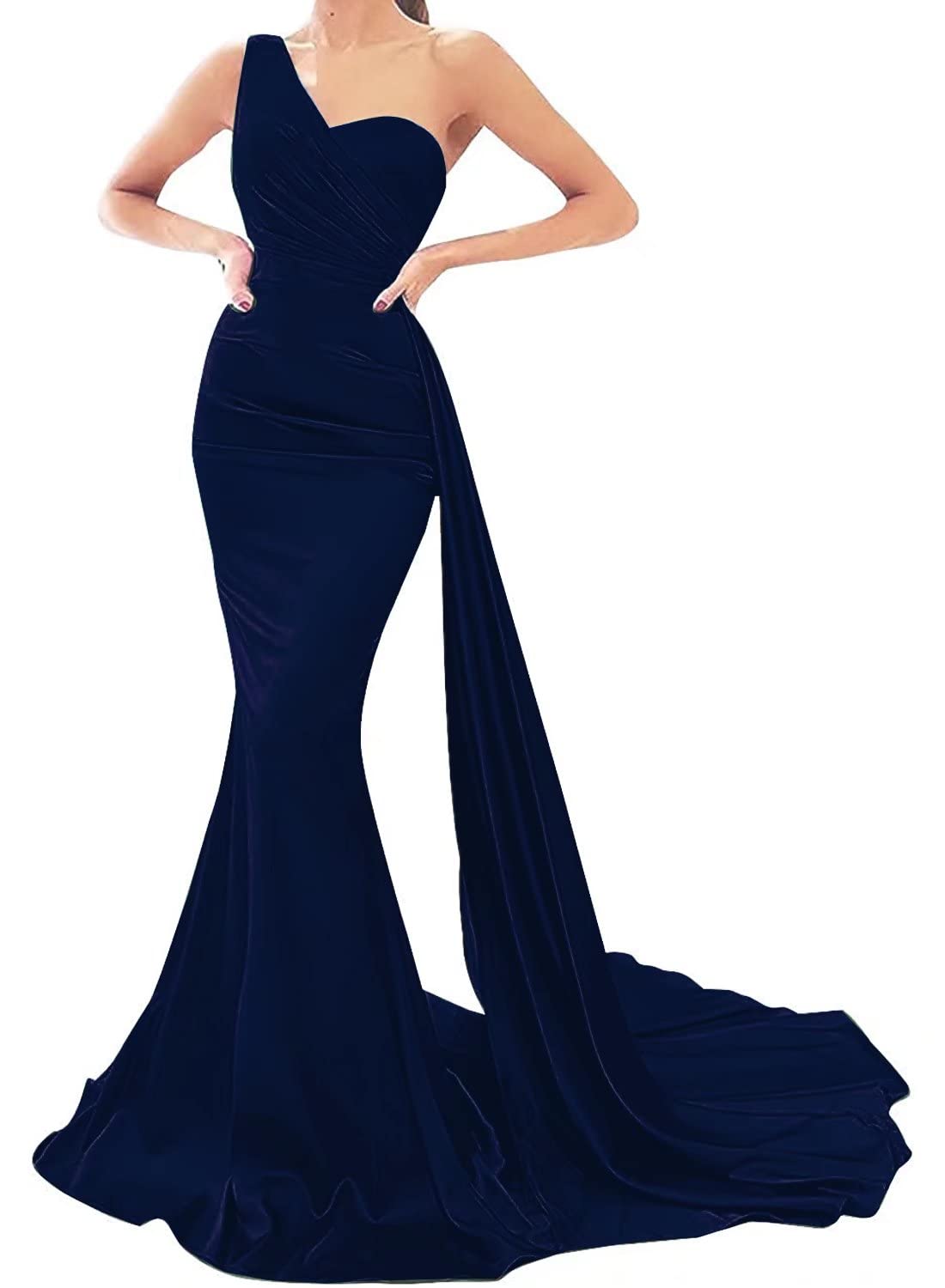 Elegant One Shoulder Mermaid Prom Dress for Women - Long Satin Formal Evening Gown with Train - Perfect for Homecoming, Prom Night & Black Tie Events 2023