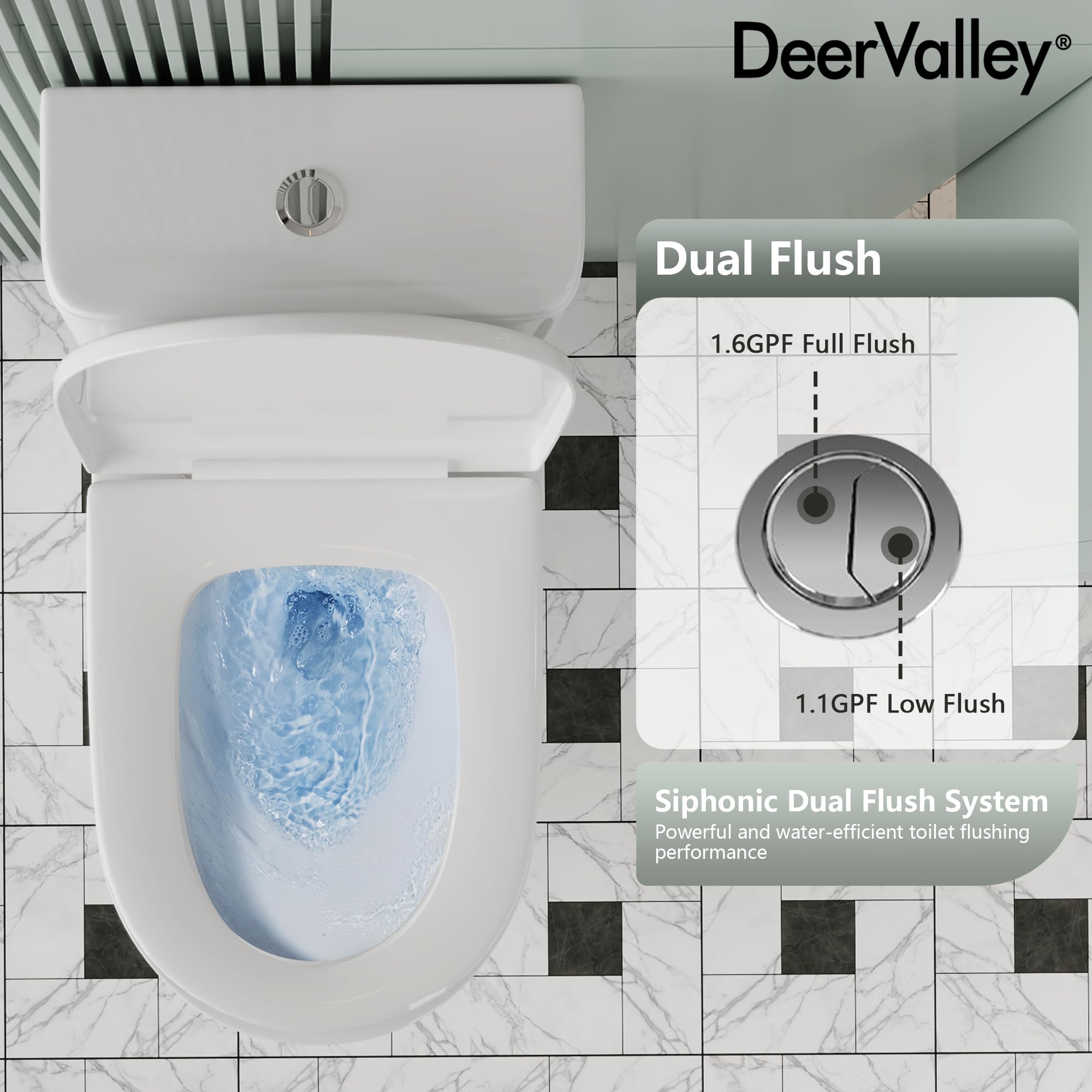 DeerValley Elongated One Piece Toilet with Soft-Close Seat - Dual Flush 1.1/1.6 GPF, 1000g MAP Rating, White Skirted Design, 12