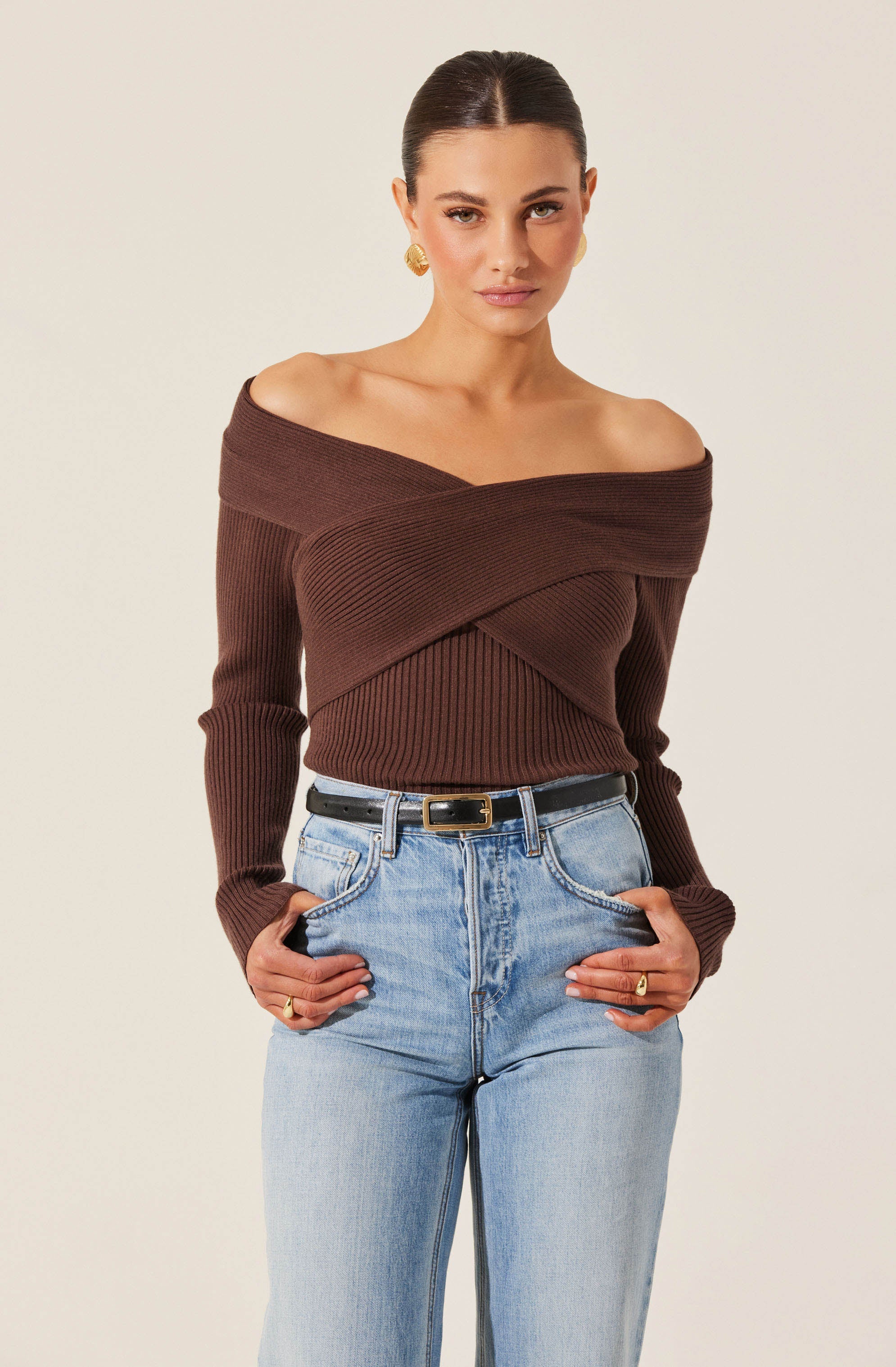 Off Shoulder Crossover Sweater Women's Fashion - Casual Knit Pullover for Fall & Winter - Perfect for Date Night, Office Wear & Weekend Outfits