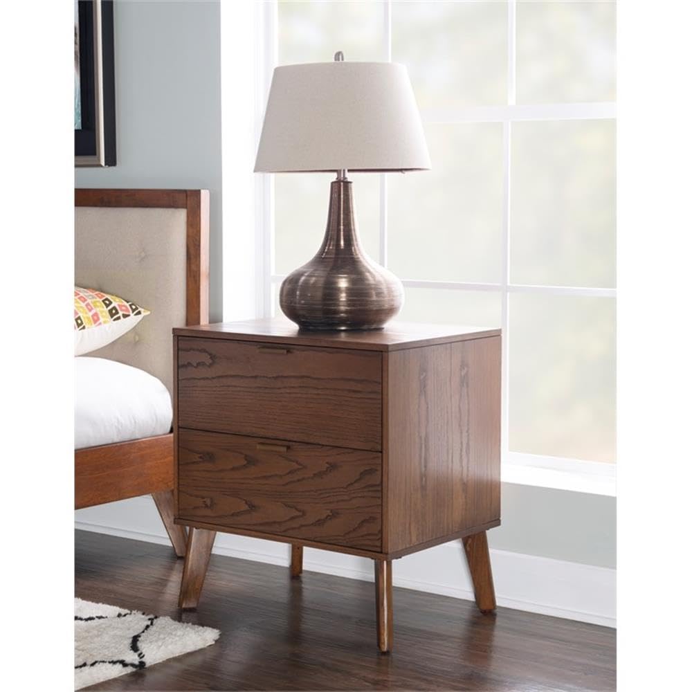 Linon Moore Nightstand with 2 Drawers, Tapered Legs - Medium Brown Wood Finish for Bedroom, Living Room, or Guest Room